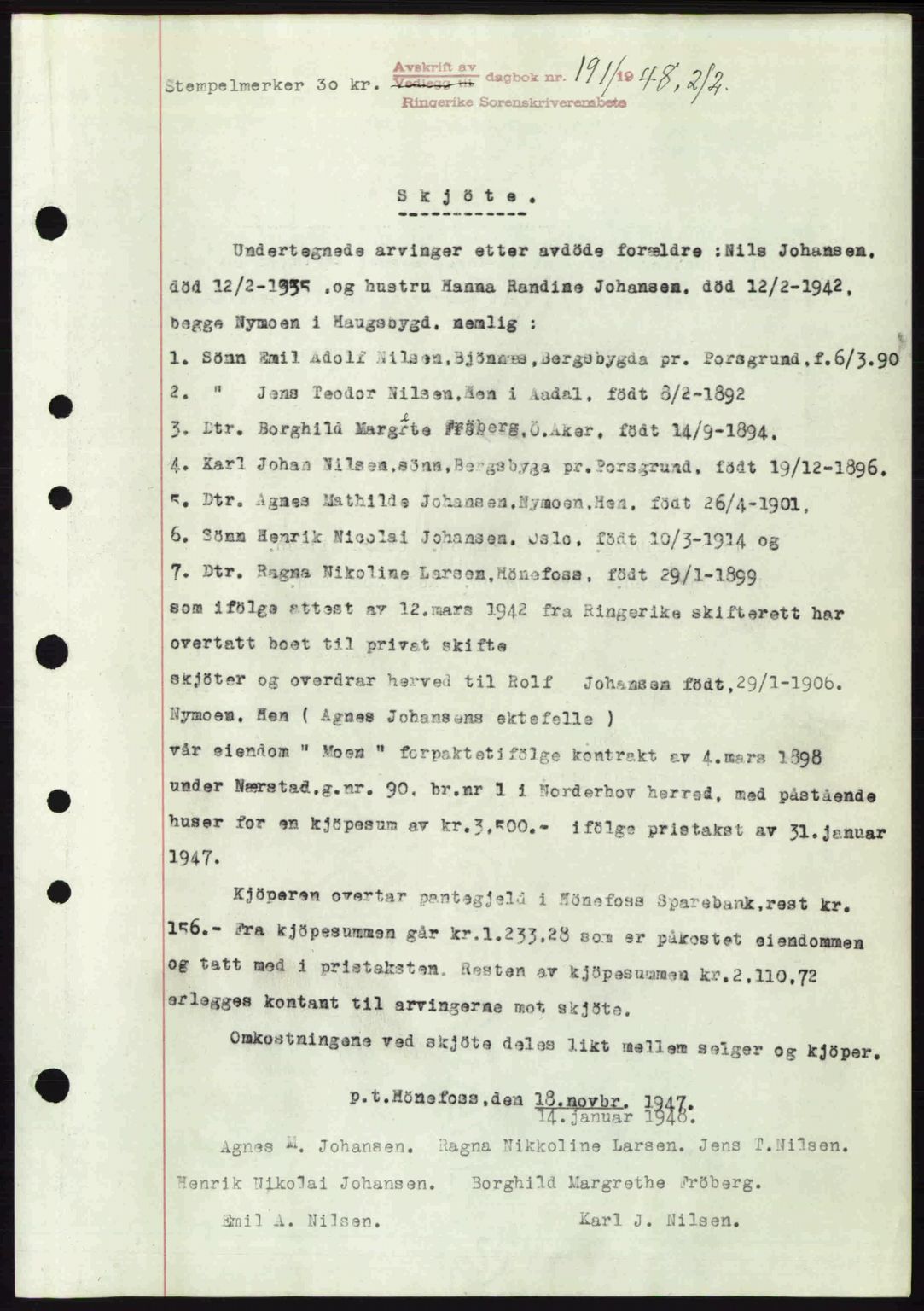 Ringerike sorenskriveri, SAKO/A-105/G/Ga/Gab/L0088: Pantebok nr. A-19, 1948-1948, Dagboknr: 191/1948