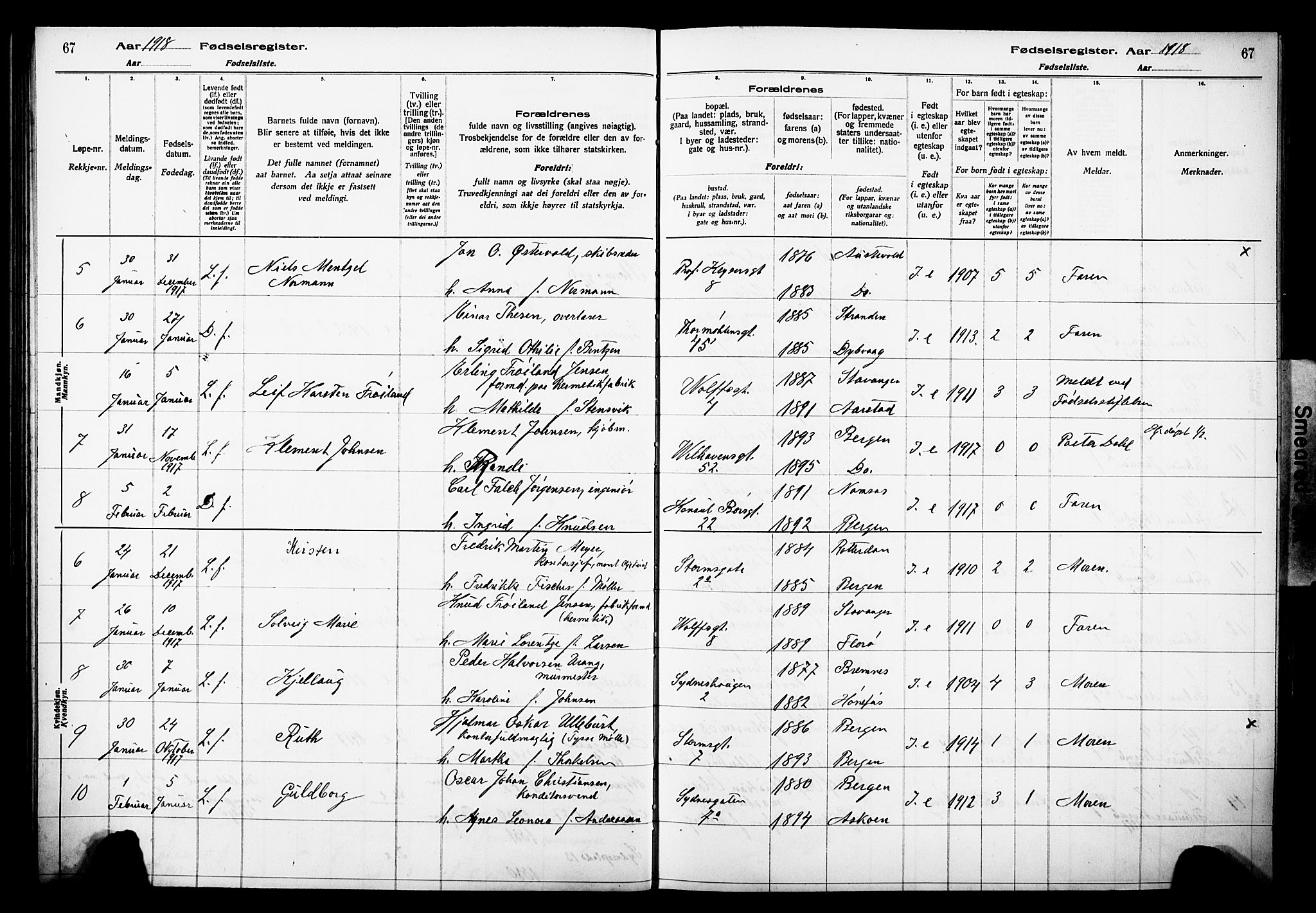 Johanneskirken sokneprestembete, SAB/A-76001/I/Id/L00A1: Fødselsregister nr. A 1, 1916-1924, s. 67