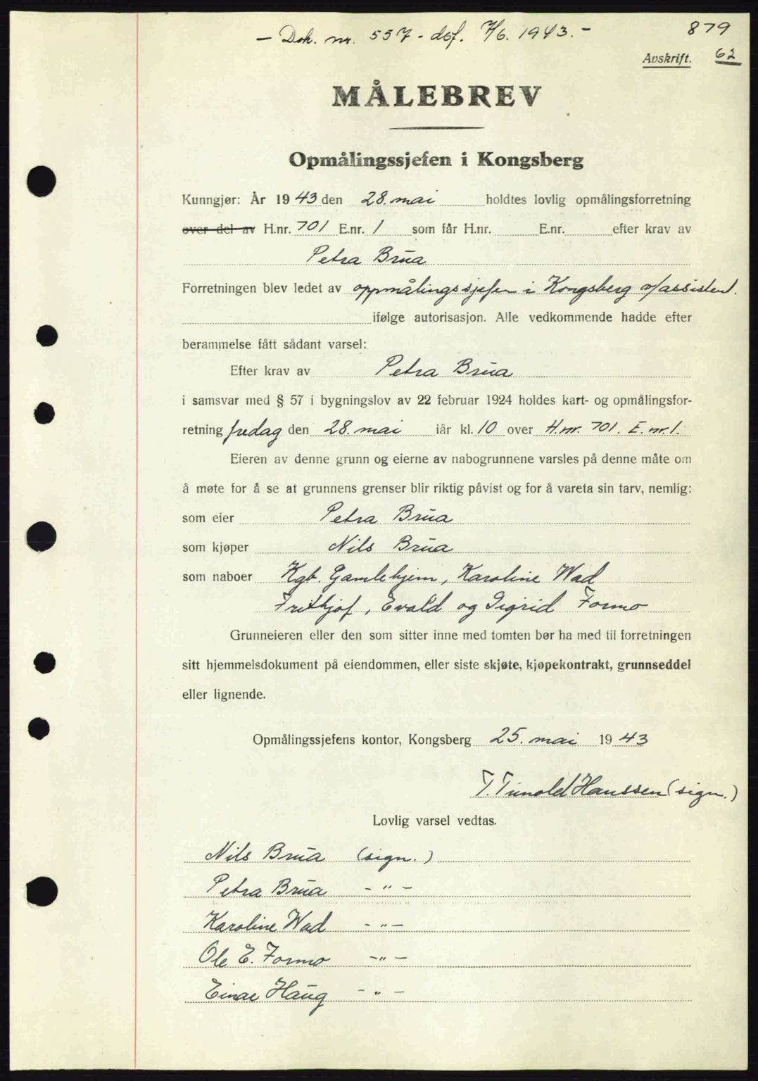 Numedal og Sandsvær sorenskriveri, SAKO/A-128/G/Ga/Gaa/L0055: Pantebok nr. A7, 1943-1944, Dagboknr: 557/1943