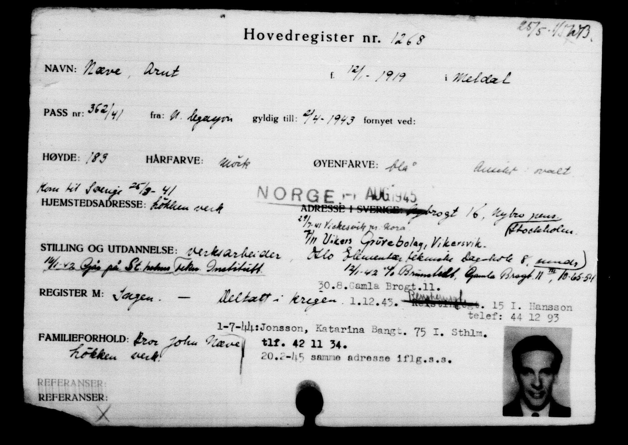 Utenriksstasjonene, Legasjonen i Stockholm, Flyktningkontoret, AV/RA-S-6753/V/Va/L0002: Kjesäterkartoteket, flyktninger med registreringsnr. 1001-2000, 1940-1945, s. 391