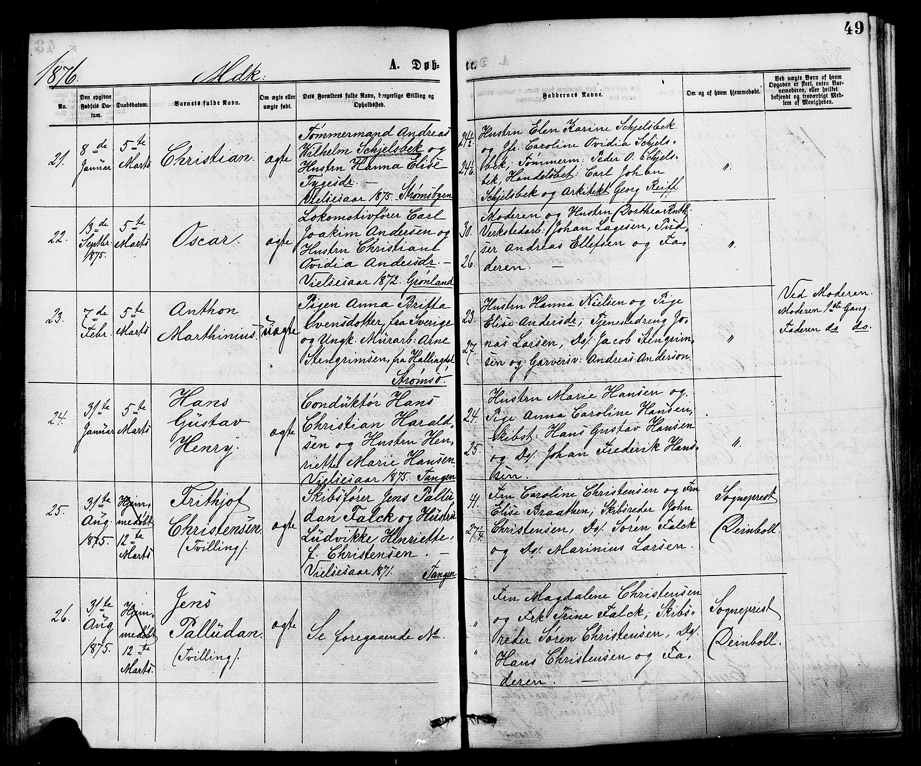 Strømsø kirkebøker, AV/SAKO-A-246/F/Fa/L0019: Ministerialbok nr. I 19, 1874-1877, s. 49