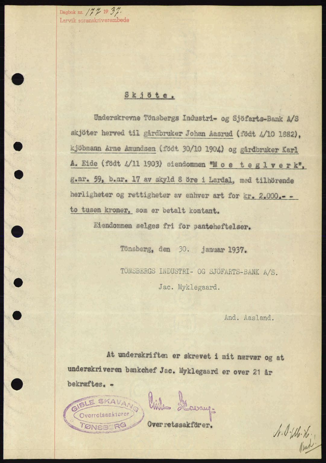 Larvik sorenskriveri, SAKO/A-83/G/Ga/Gab/L0067: Pantebok nr. A-1, 1936-1937, Dagboknr: 177/1937