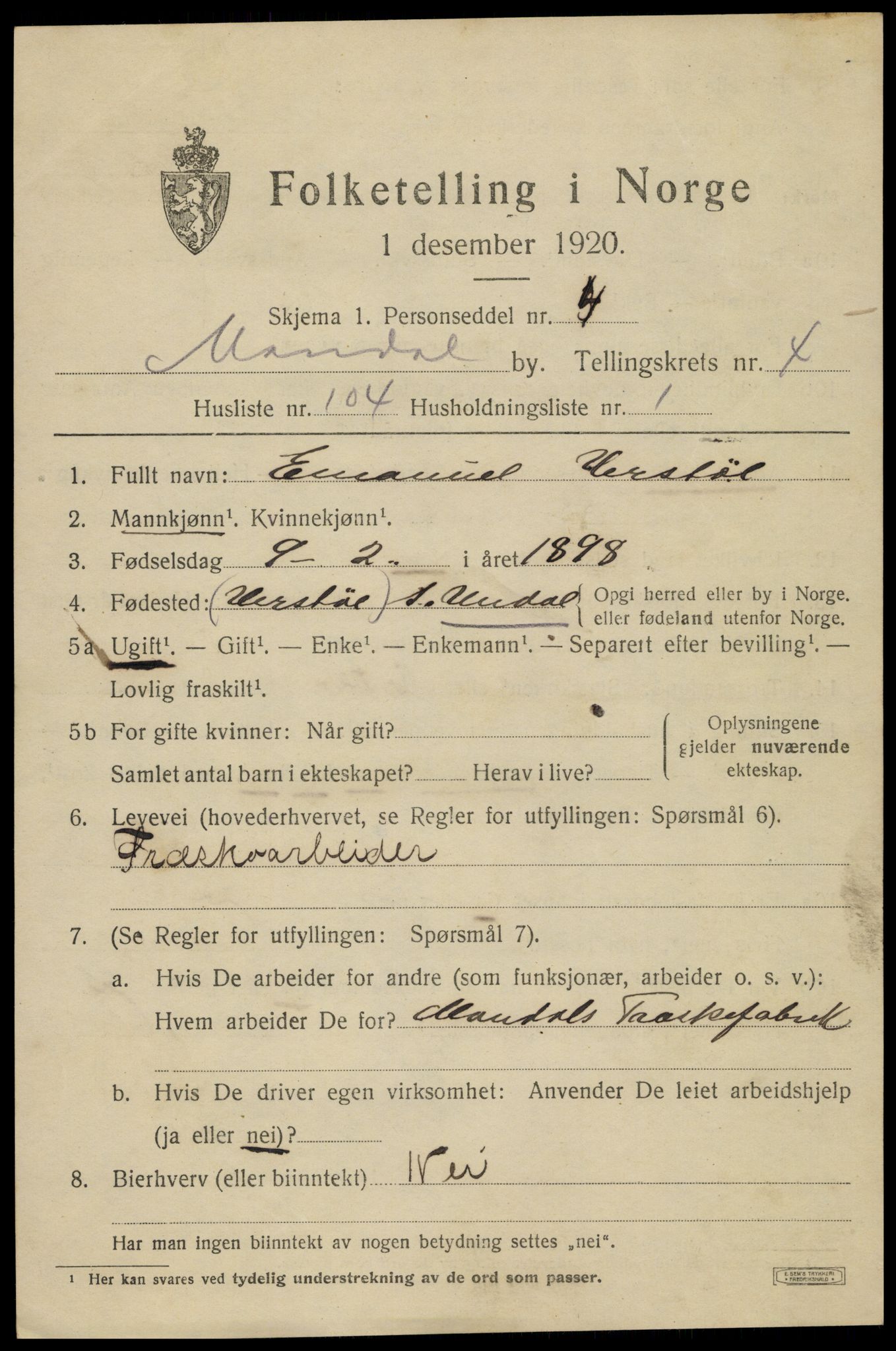 SAK, Folketelling 1920 for 1002 Mandal ladested, 1920, s. 8157