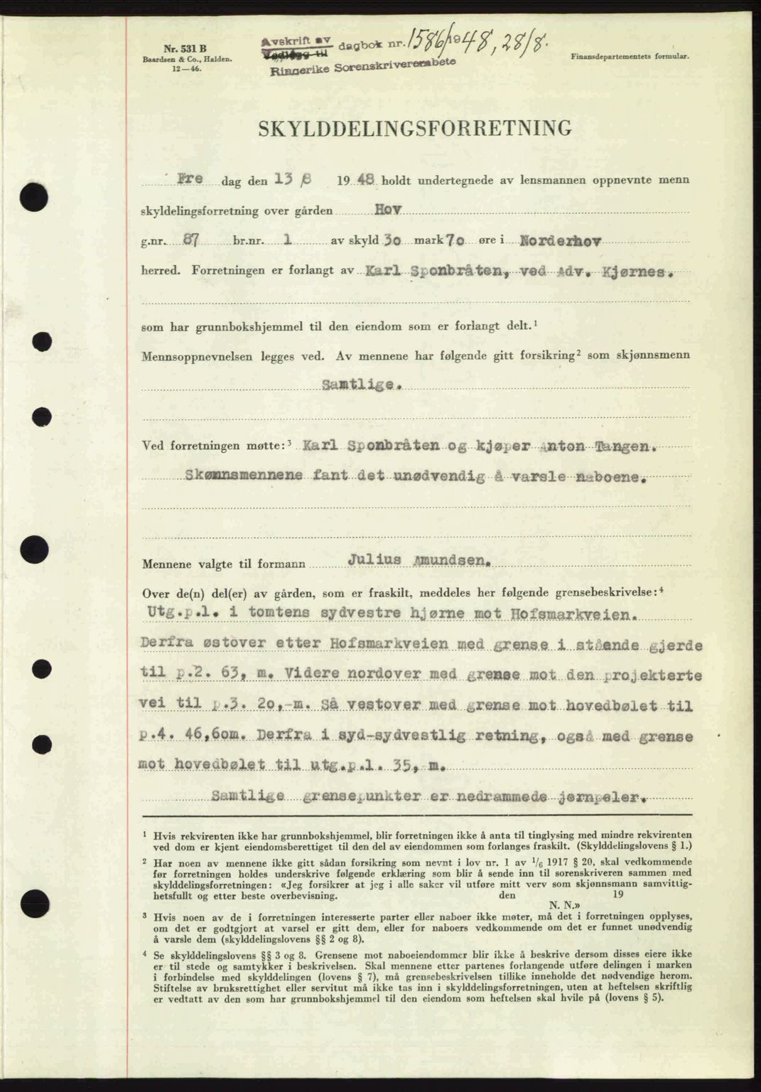 Ringerike sorenskriveri, SAKO/A-105/G/Ga/Gab/L0088: Pantebok nr. A-19, 1948-1948, Dagboknr: 1586/1948