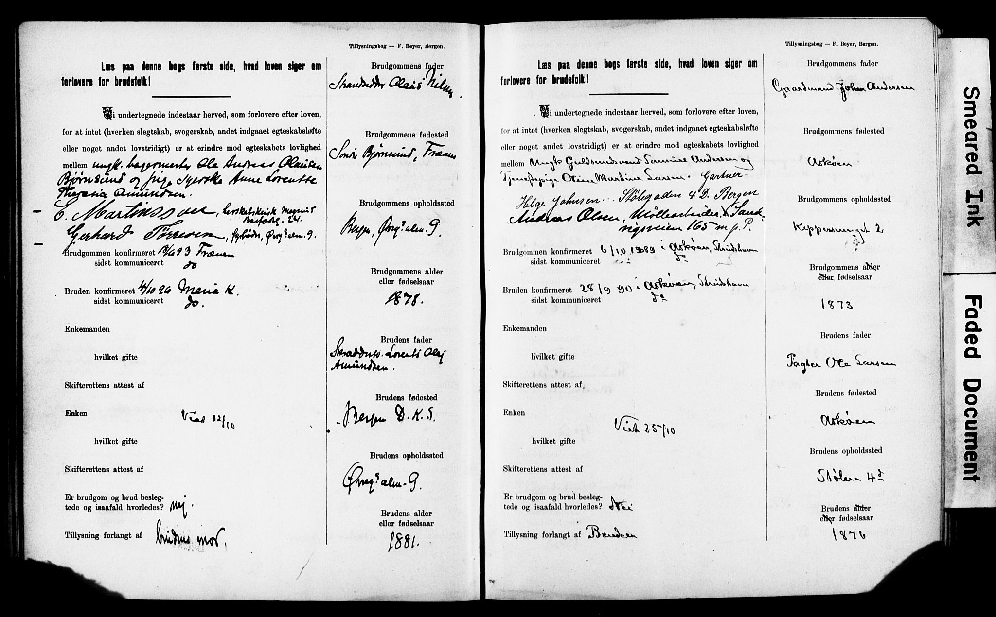 Mariakirken Sokneprestembete, AV/SAB-A-76901: Forlovererklæringer nr. II.5.2, 1901-1909, s. 36