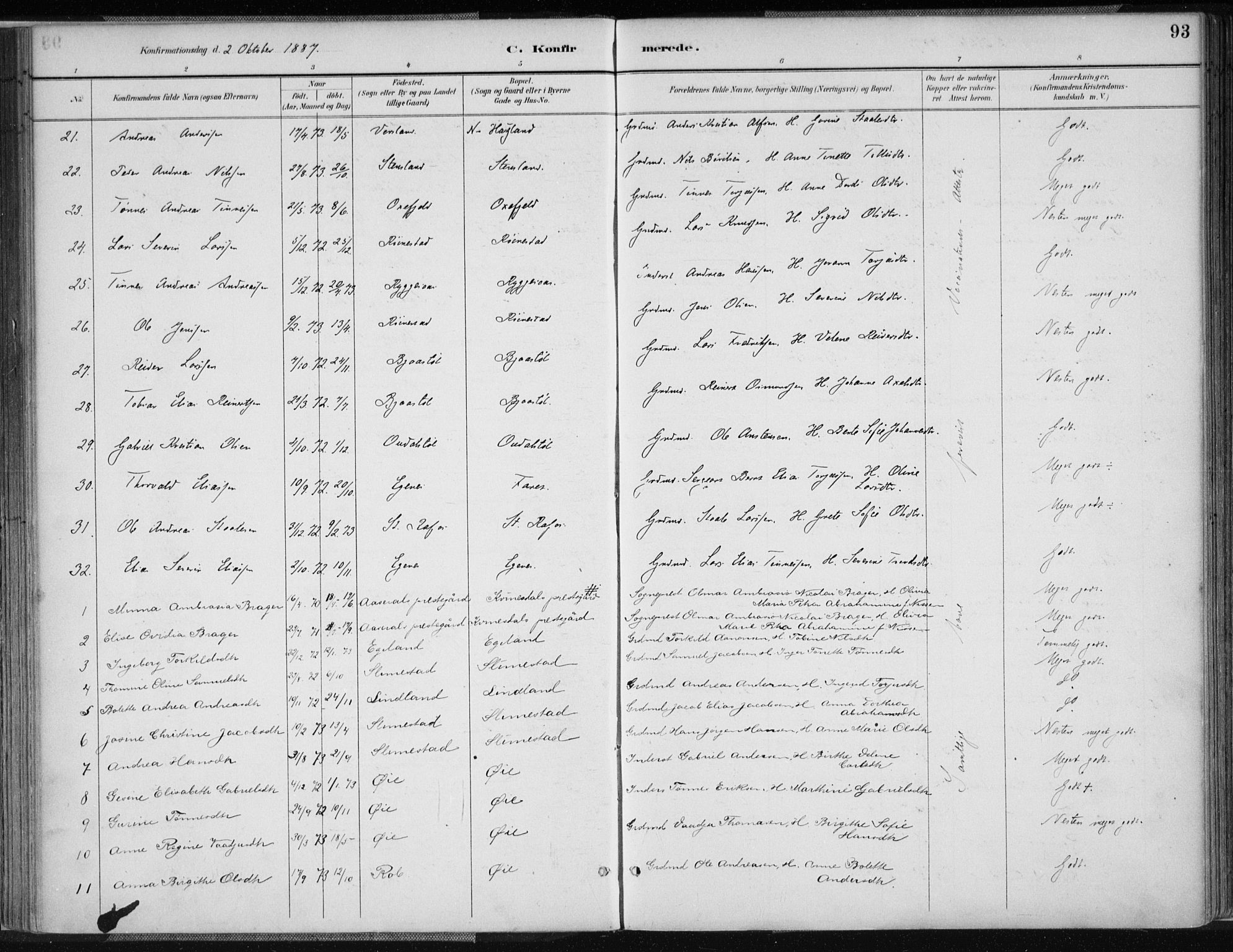 Kvinesdal sokneprestkontor, AV/SAK-1111-0026/F/Fa/Fab/L0008: Ministerialbok nr. A 8, 1886-1897, s. 93