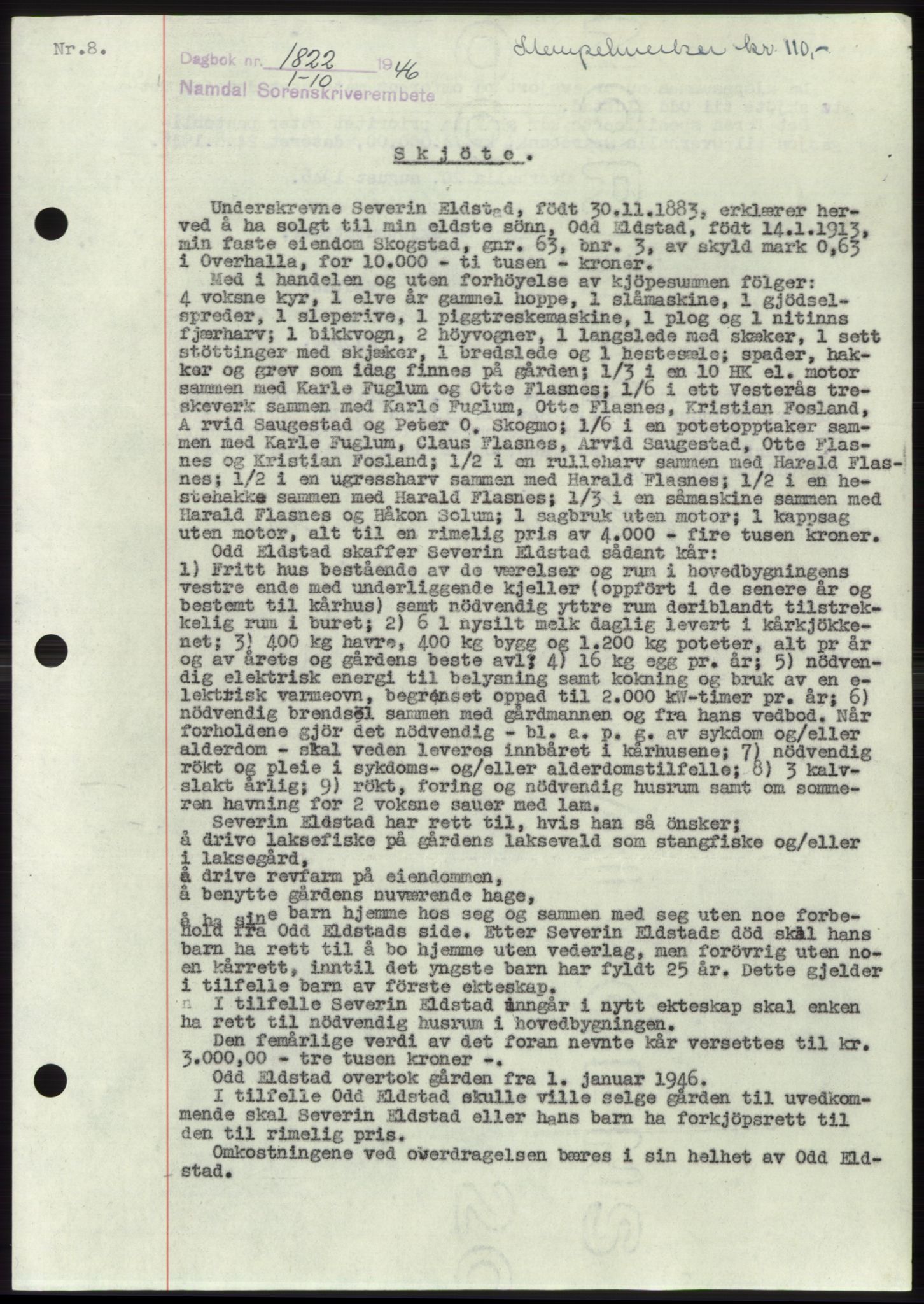 Namdal sorenskriveri, SAT/A-4133/1/2/2C: Pantebok nr. -, 1946-1947, Dagboknr: 1822/1946