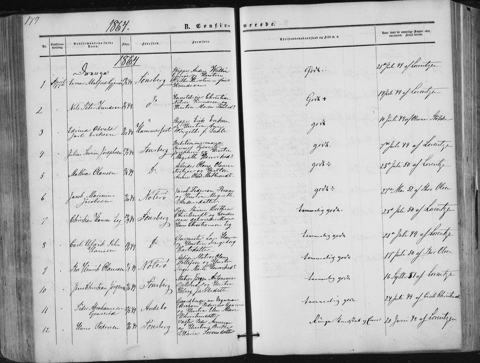 Tønsberg kirkebøker, AV/SAKO-A-330/F/Fa/L0008: Ministerialbok nr. I 8, 1855-1864, s. 179