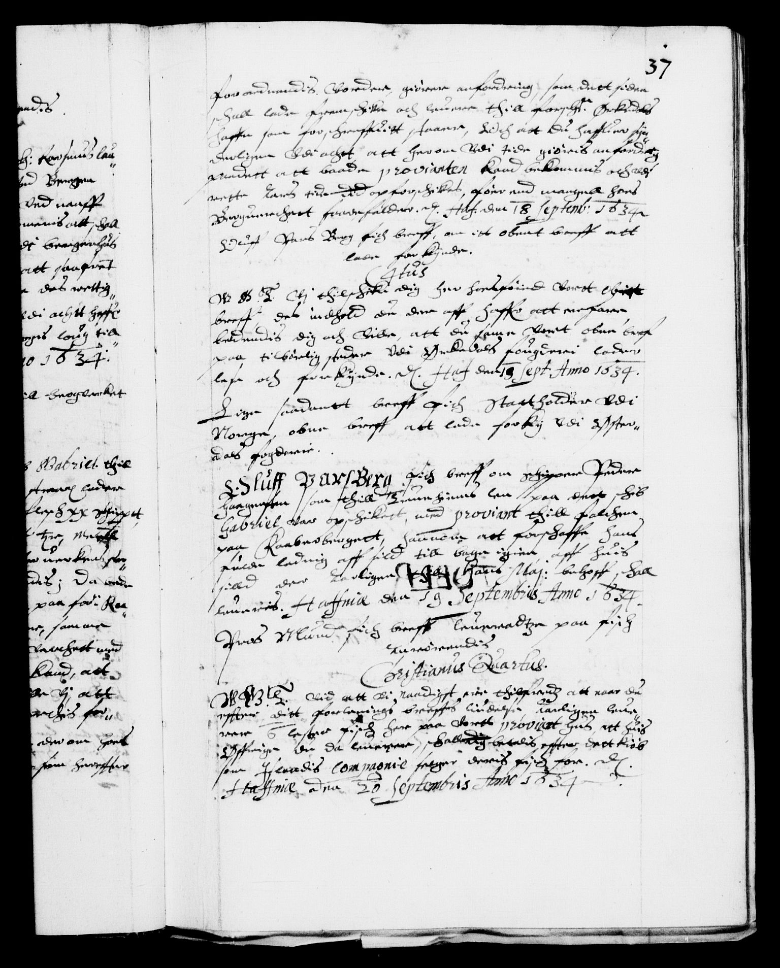 Danske Kanselli 1572-1799, AV/RA-EA-3023/F/Fc/Fca/Fcab/L0006: Norske tegnelser (mikrofilm), 1634-1639, s. 37a