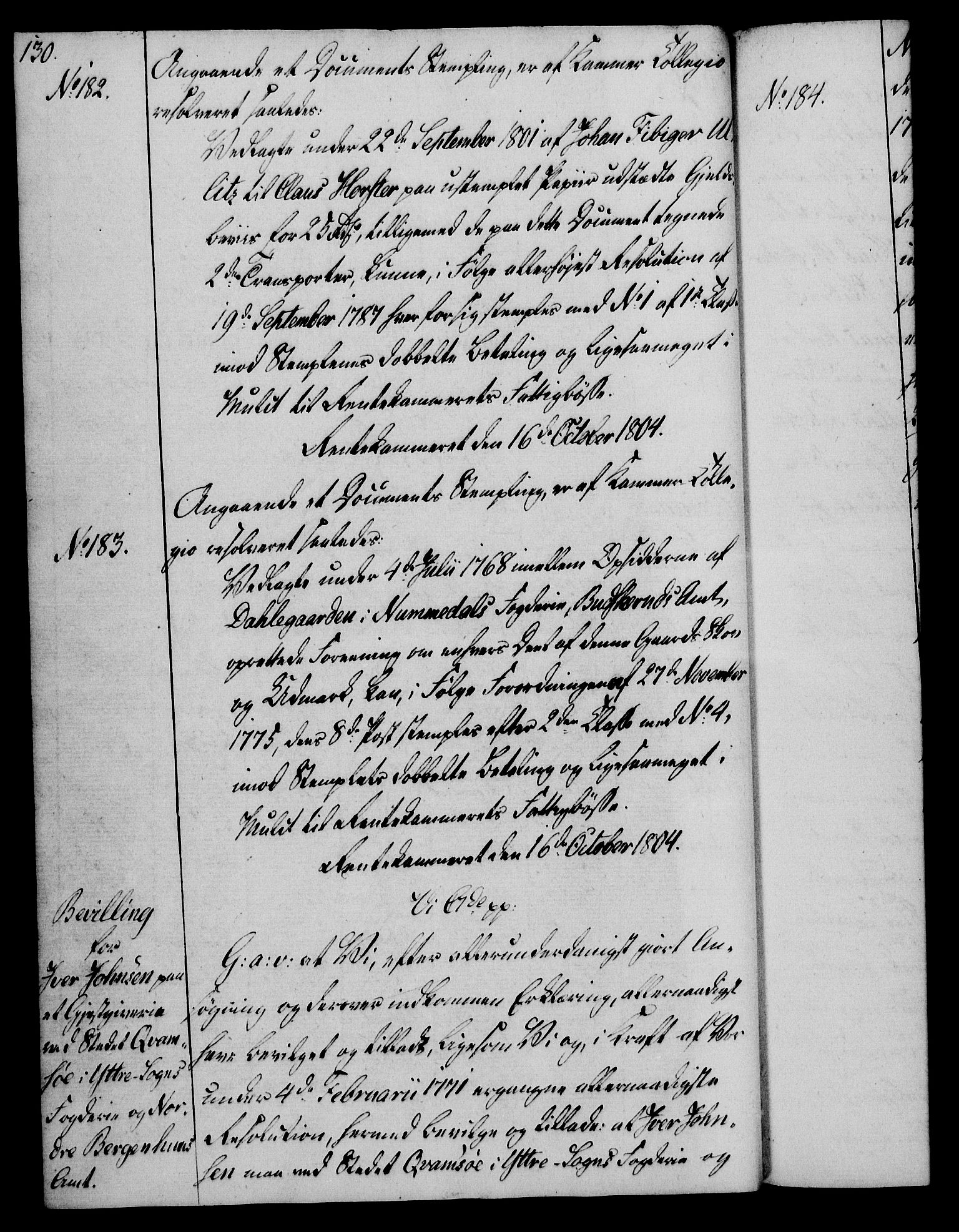 Rentekammeret, Kammerkanselliet, RA/EA-3111/G/Gg/Gga/L0018: Norsk ekspedisjonsprotokoll med register (merket RK 53.18), 1804-1806, s. 130