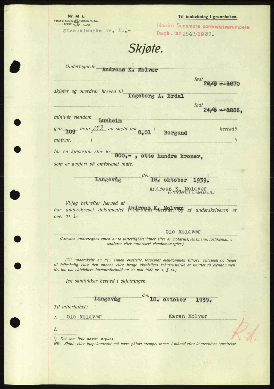 Nordre Sunnmøre sorenskriveri, SAT/A-0006/1/2/2C/2Ca: Pantebok nr. A7, 1939-1939, Dagboknr: 1842/1939