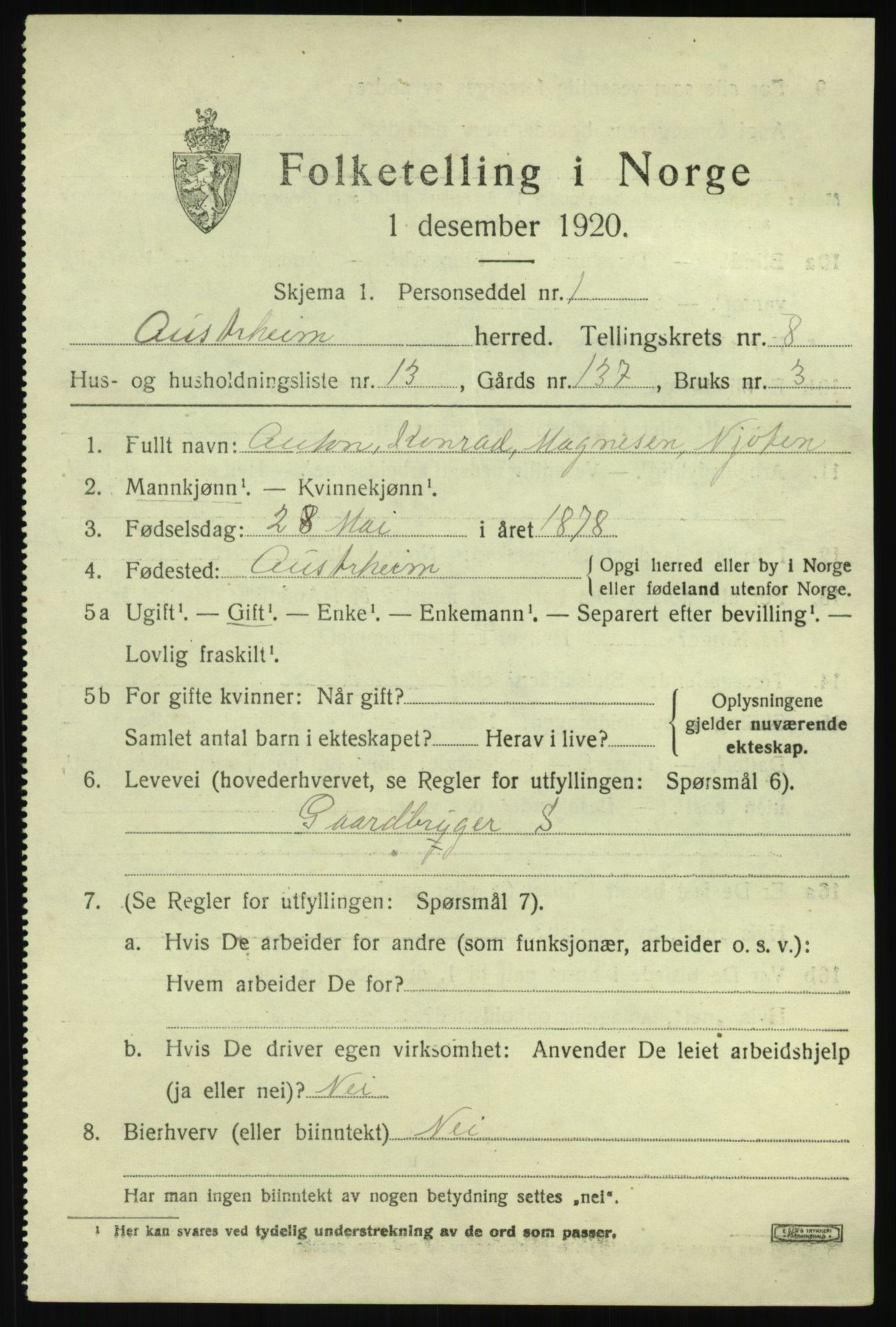 SAB, Folketelling 1920 for 1264 Austrheim herred, 1920, s. 3126