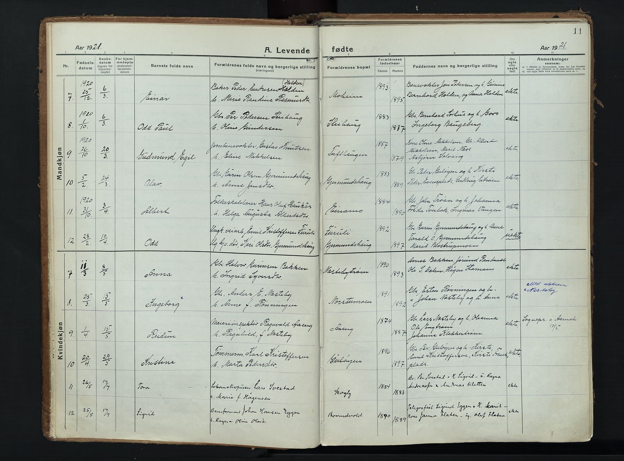 Alvdal prestekontor, AV/SAH-PREST-060/H/Ha/Haa/L0006: Ministerialbok nr. 6, 1920-1937, s. 11