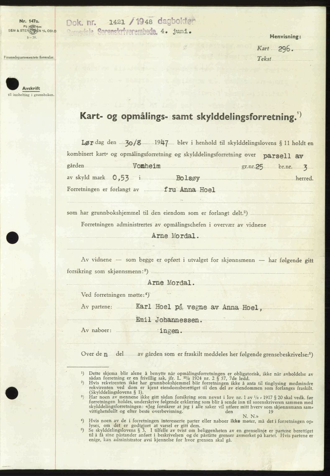 Romsdal sorenskriveri, SAT/A-4149/1/2/2C: Pantebok nr. A26, 1948-1948, Dagboknr: 1421/1948