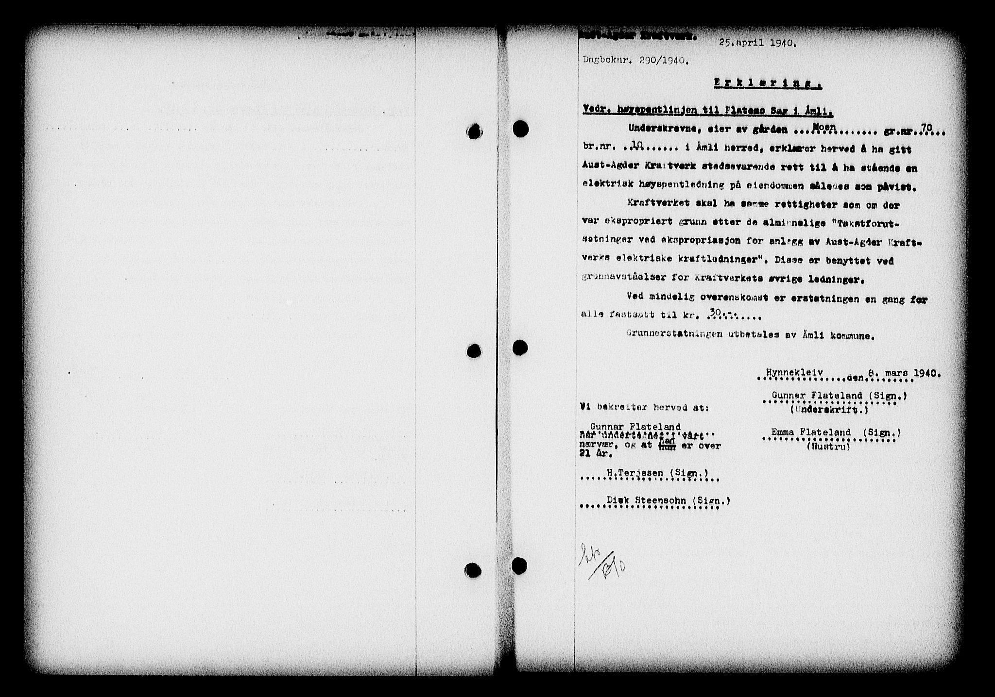 Nedenes sorenskriveri, SAK/1221-0006/G/Gb/Gba/L0047: Pantebok nr. A-I, 1939-1940, Dagboknr: 290/1940