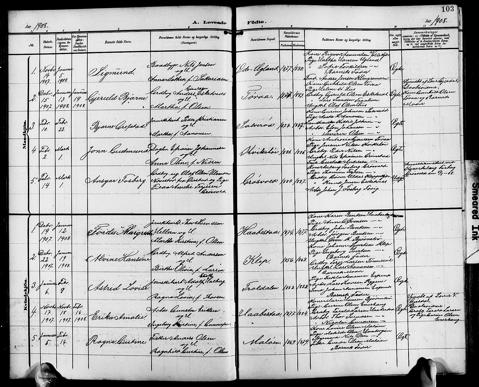 Fjære sokneprestkontor, AV/SAK-1111-0011/F/Fb/L0012: Klokkerbok nr. B 12, 1902-1925, s. 103