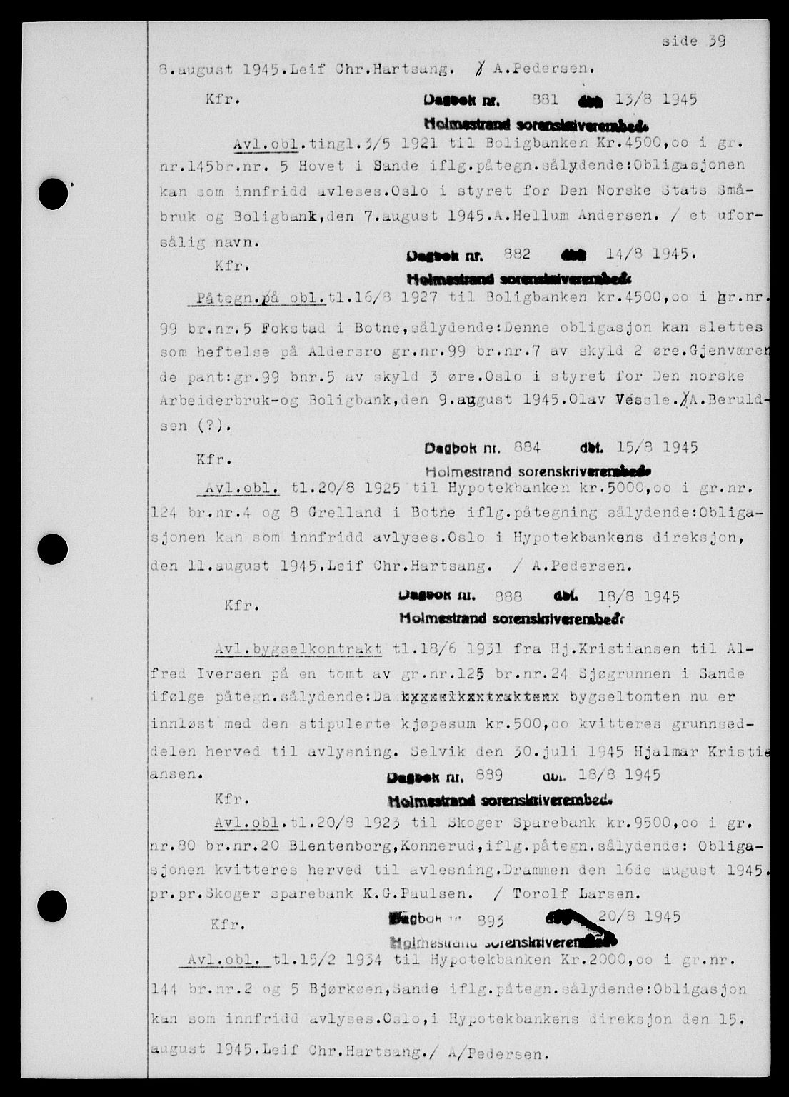 Holmestrand sorenskriveri, SAKO/A-67/G/Ga/Gab/L0055: Pantebok nr. B-55, 1945-1946, Dagboknr: 881/1945