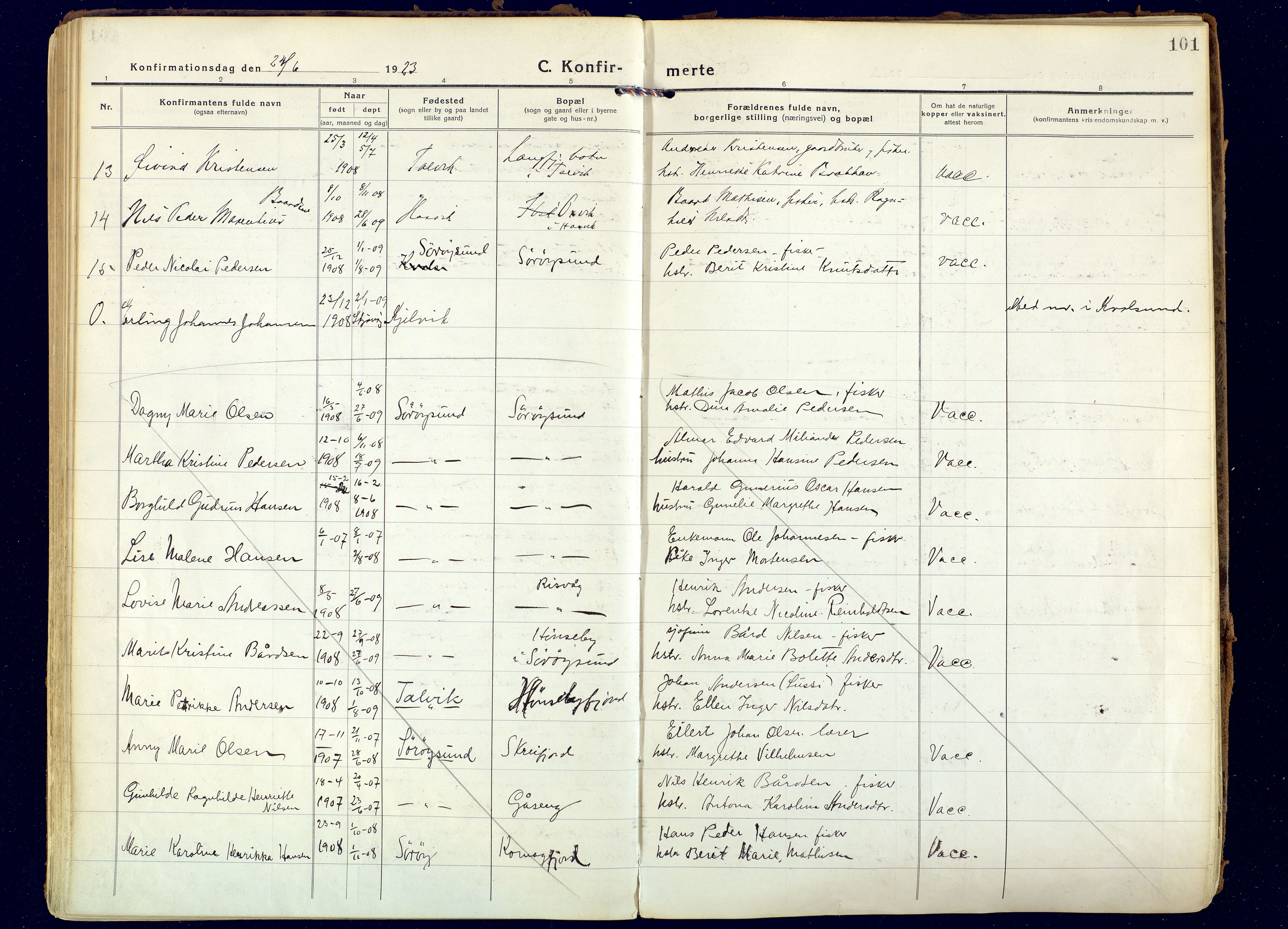 Hammerfest sokneprestkontor, AV/SATØ-S-1347/H/Ha/L0018.kirke: Ministerialbok nr. 18, 1918-1933, s. 101