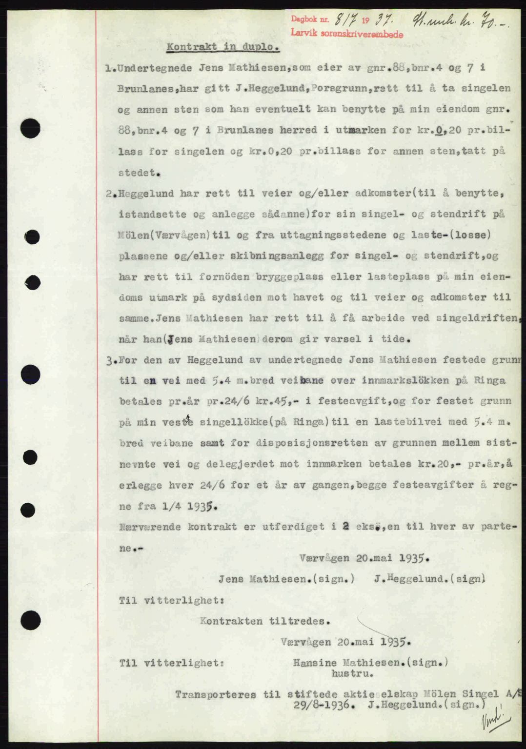 Larvik sorenskriveri, SAKO/A-83/G/Ga/Gab/L0067: Pantebok nr. A-1, 1936-1937, Dagboknr: 817/1937