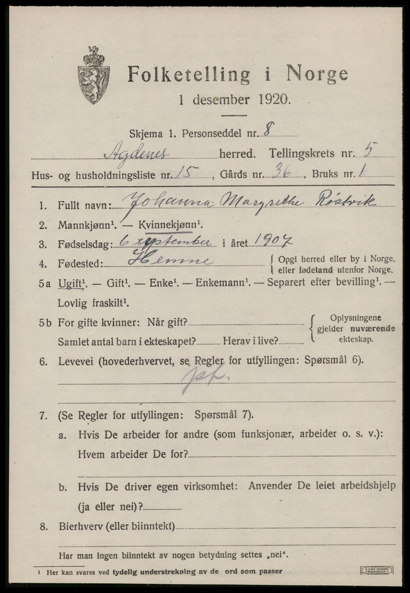 SAT, Folketelling 1920 for 1622 Agdenes herred, 1920, s. 2465