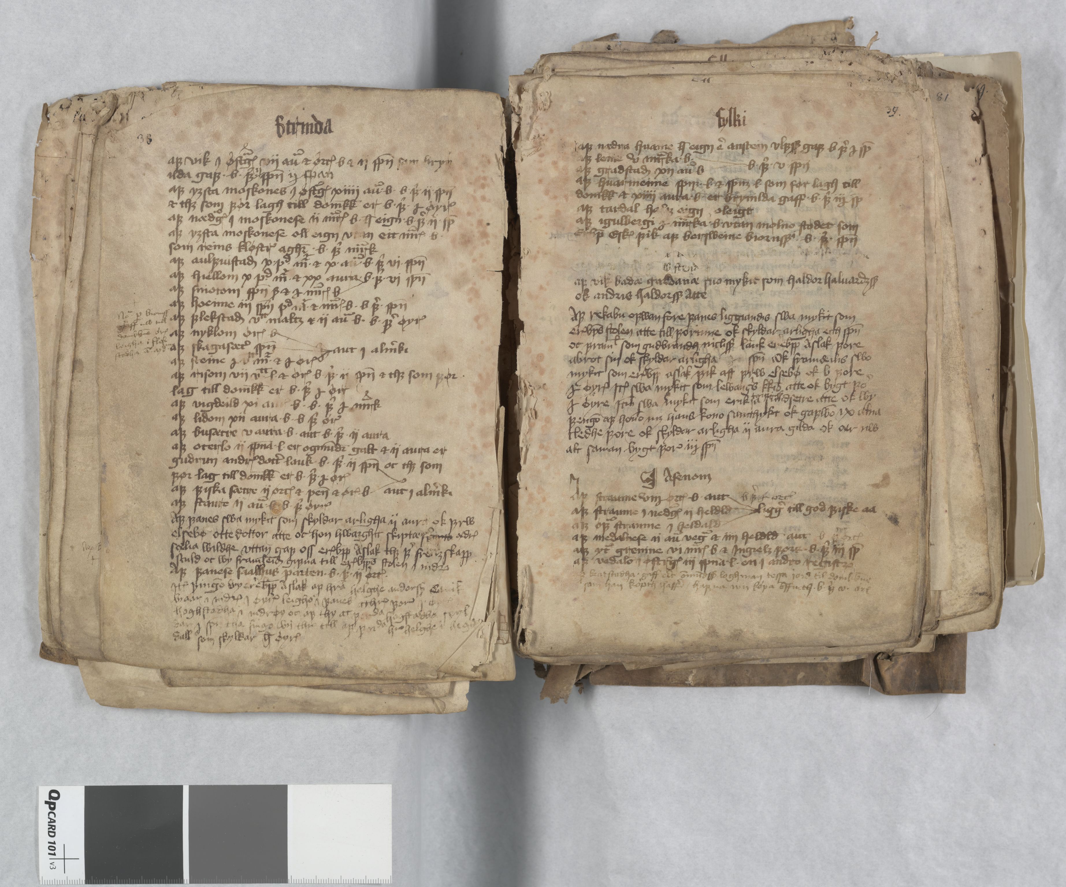 Riksarkivets diplomsamling, AV/RA-EA-5965/F13/F13c/L0001a/0001: NRA dipl. München papir, nr. 4292 Aslak Bolts jordebok. / 4292: Aslak Bolts jordebok, 1430-1439, s. 38-39