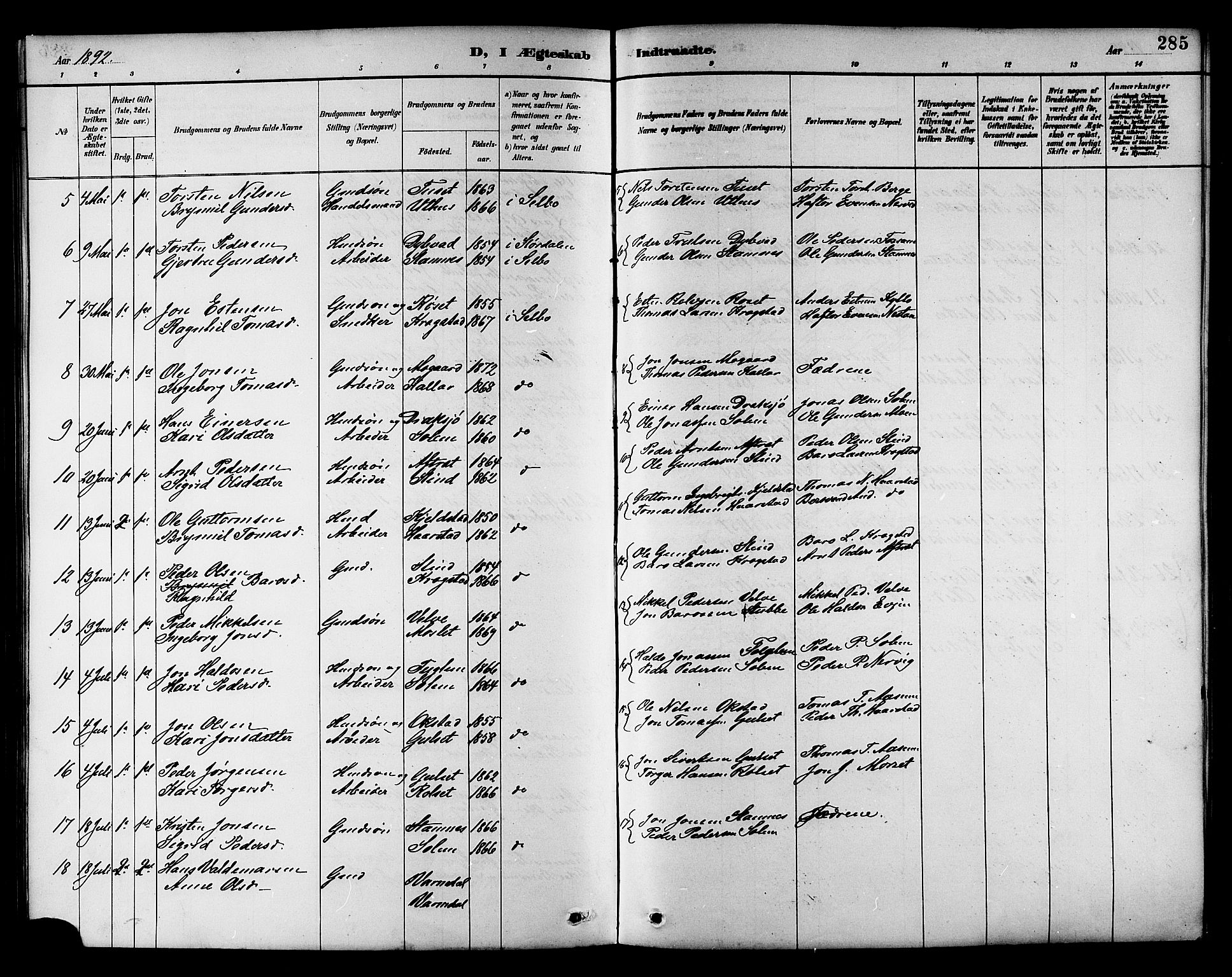 Ministerialprotokoller, klokkerbøker og fødselsregistre - Sør-Trøndelag, AV/SAT-A-1456/695/L1157: Klokkerbok nr. 695C08, 1889-1913, s. 285