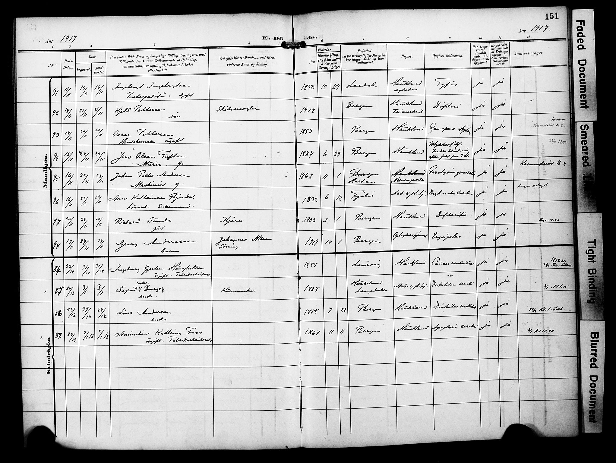 Bergen kommunale pleiehjem - stiftelsespresten, AV/SAB-A-100281: Ministerialbok nr. A 6, 1908-1920, s. 151