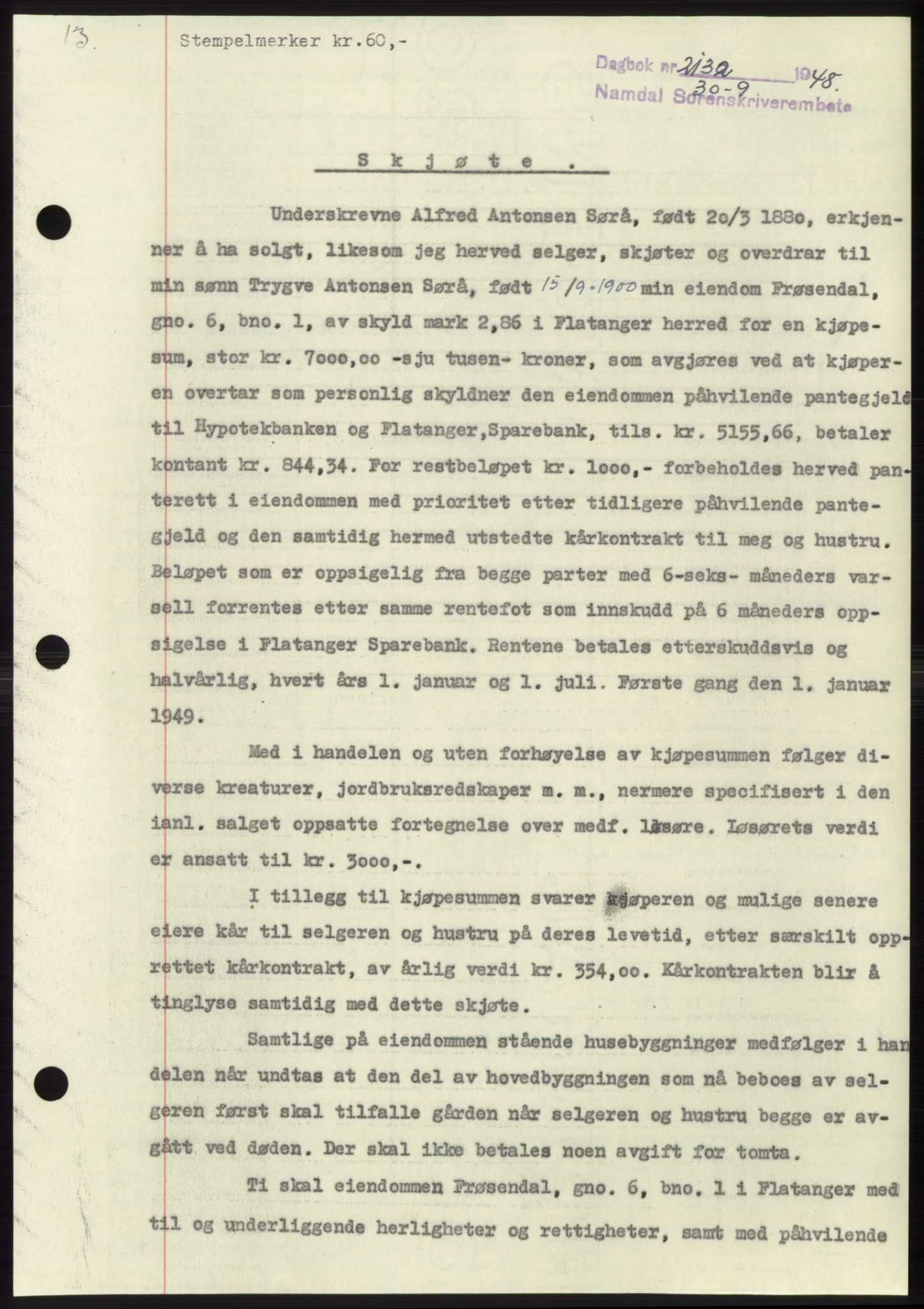 Namdal sorenskriveri, SAT/A-4133/1/2/2C: Pantebok nr. -, 1948-1948, Dagboknr: 3132/1948