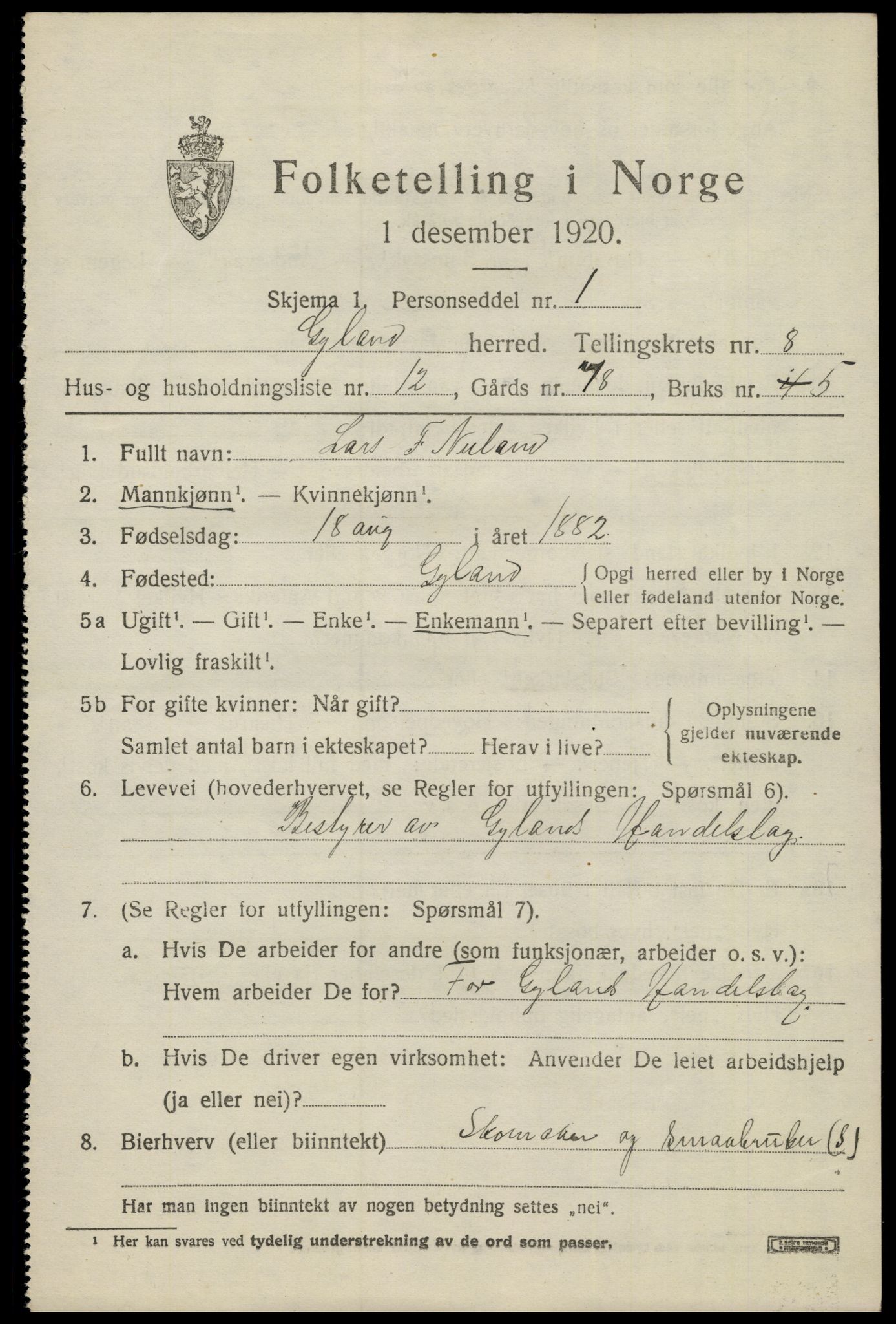 SAK, Folketelling 1920 for 1044 Gyland herred, 1920, s. 1796