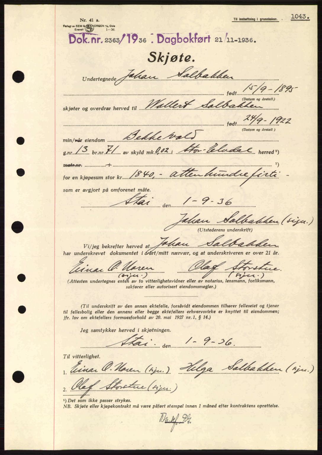 Sør-Østerdal sorenskriveri, SAH/TING-018/H/Hb/Hbb/L0054: Pantebok nr. A54, 1936-1936, Dagboknr: 2363/1936