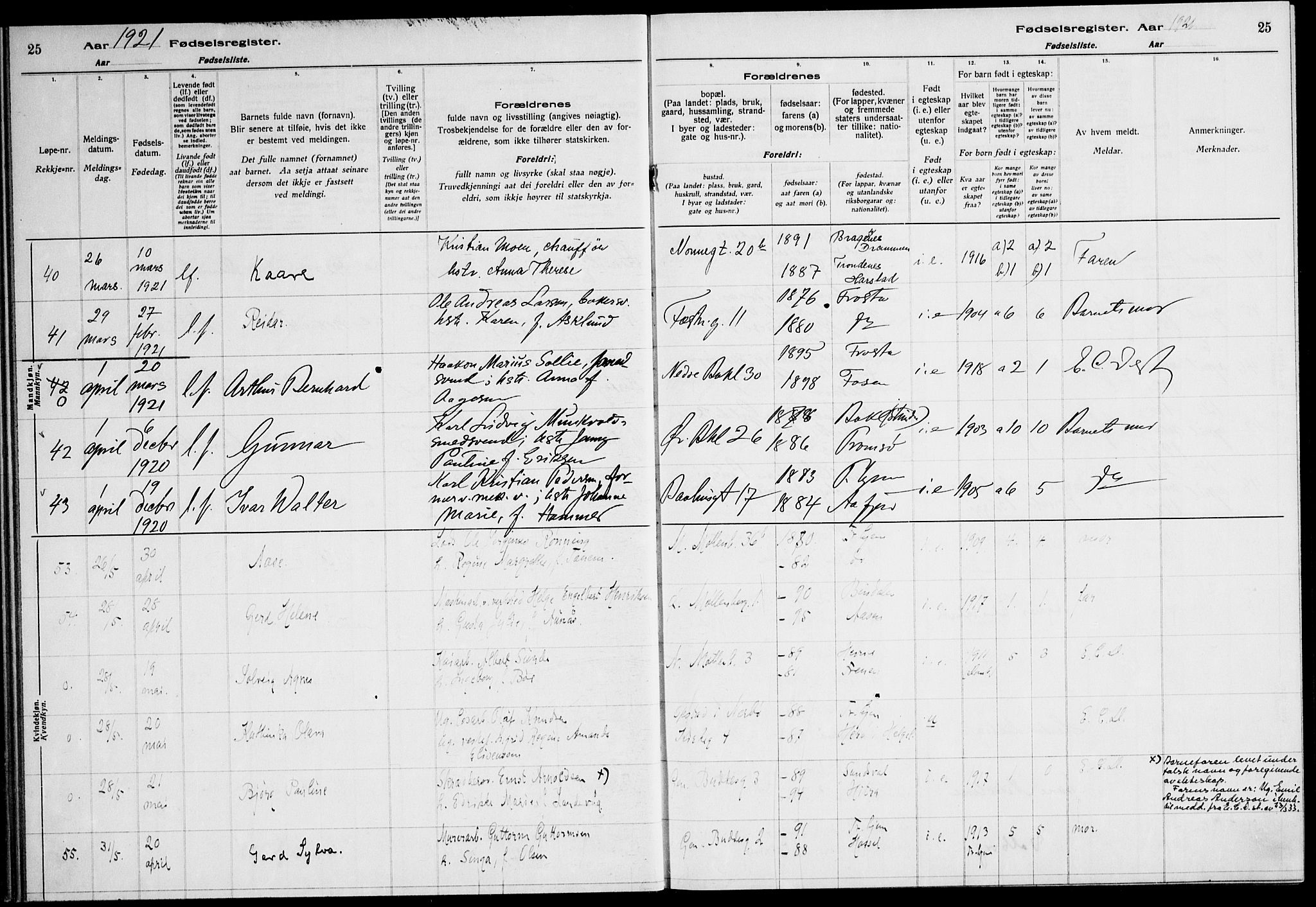 Ministerialprotokoller, klokkerbøker og fødselsregistre - Sør-Trøndelag, AV/SAT-A-1456/604/L0233: Fødselsregister nr. 604.II.4.2, 1920-1928, s. 25