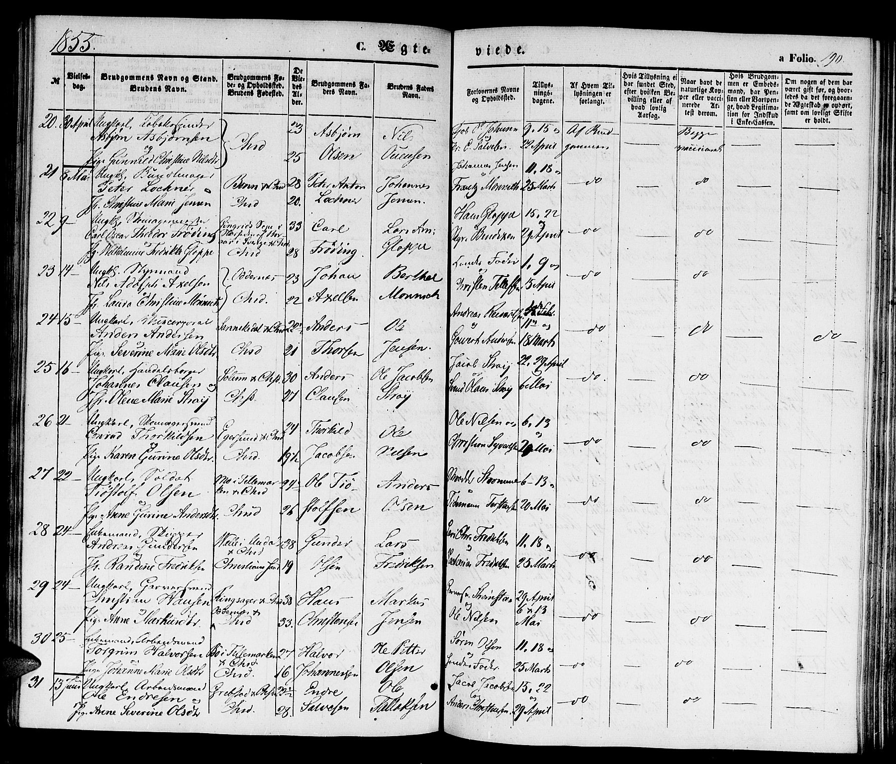 Kristiansand domprosti, AV/SAK-1112-0006/F/Fb/L0011: Klokkerbok nr. B 11, 1851-1861, s. 190