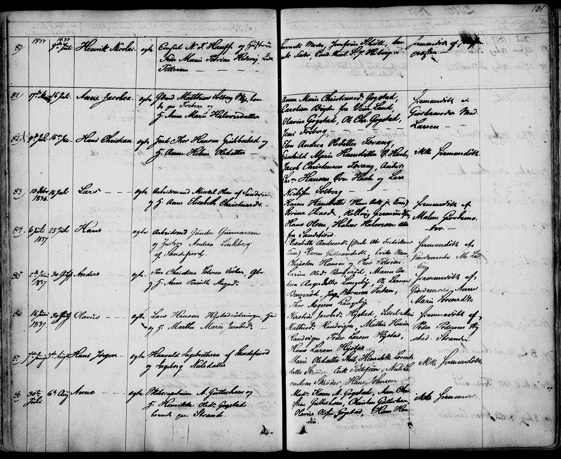 Sandar kirkebøker, AV/SAKO-A-243/F/Fa/L0005: Ministerialbok nr. 5, 1832-1847, s. 130-131
