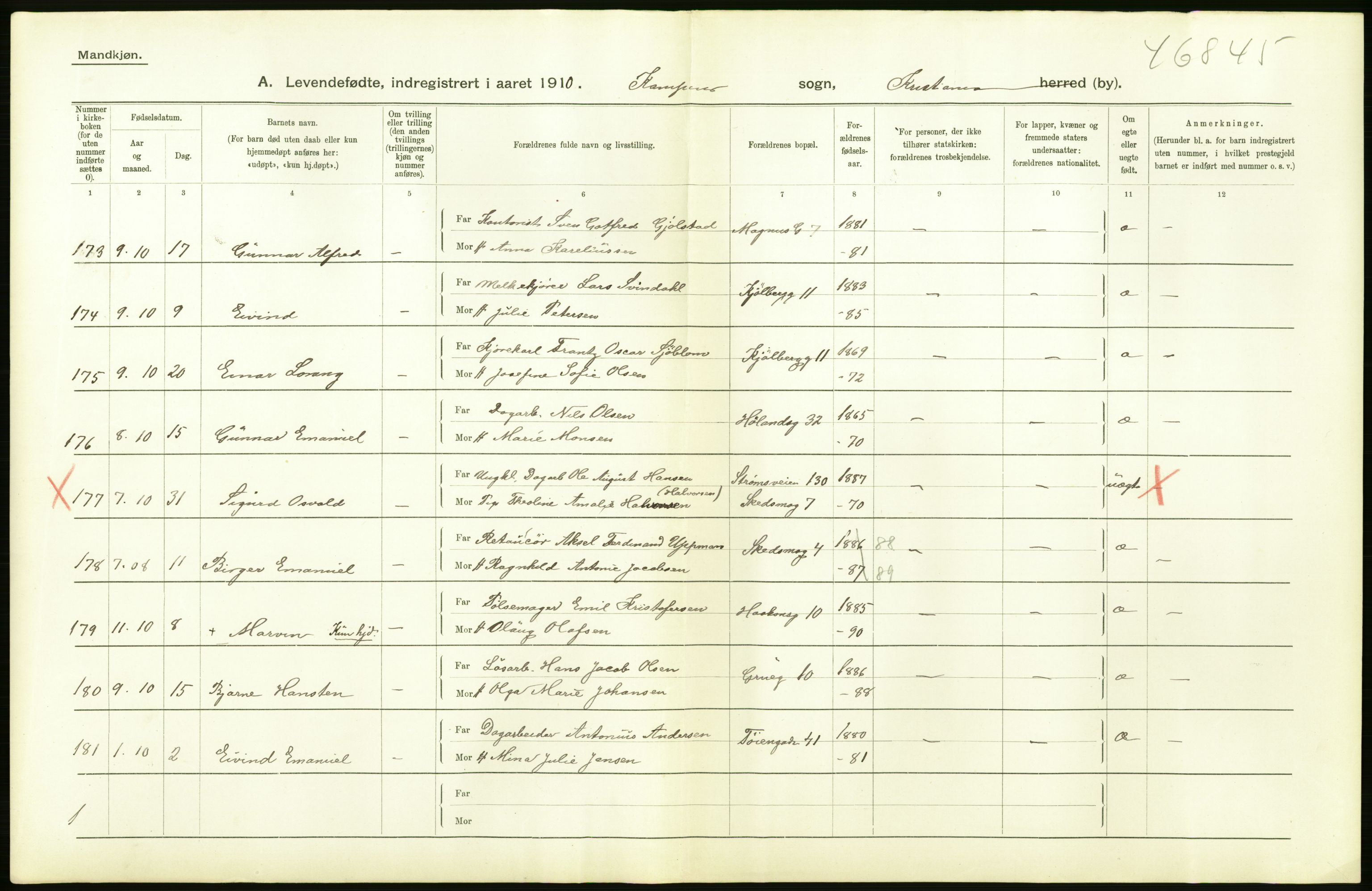 Statistisk sentralbyrå, Sosiodemografiske emner, Befolkning, RA/S-2228/D/Df/Dfa/Dfah/L0006: Kristiania: Levendefødte menn., 1910, s. 320