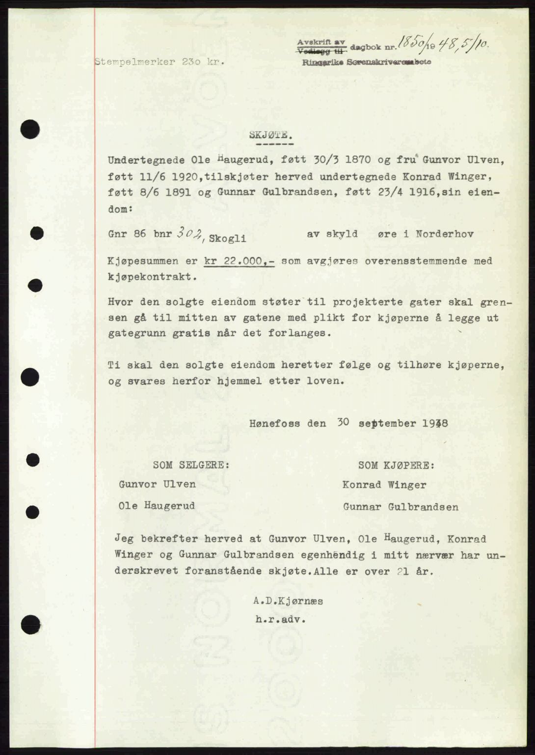 Ringerike sorenskriveri, SAKO/A-105/G/Ga/Gab/L0088: Pantebok nr. A-19, 1948-1948, Dagboknr: 1850/1948