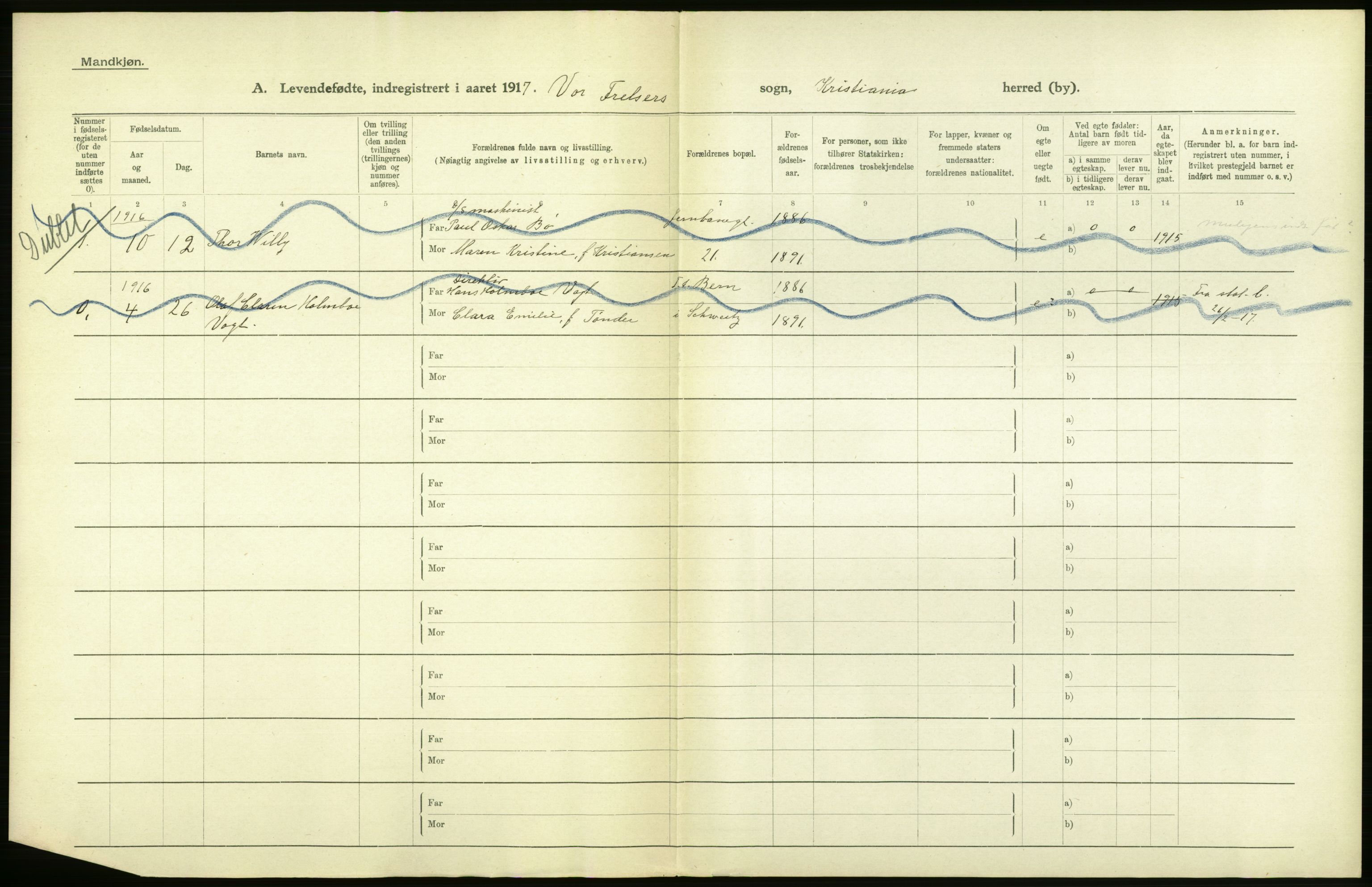 Statistisk sentralbyrå, Sosiodemografiske emner, Befolkning, RA/S-2228/D/Df/Dfb/Dfbg/L0007: Kristiania: Levendefødte menn og kvinner., 1917, s. 4