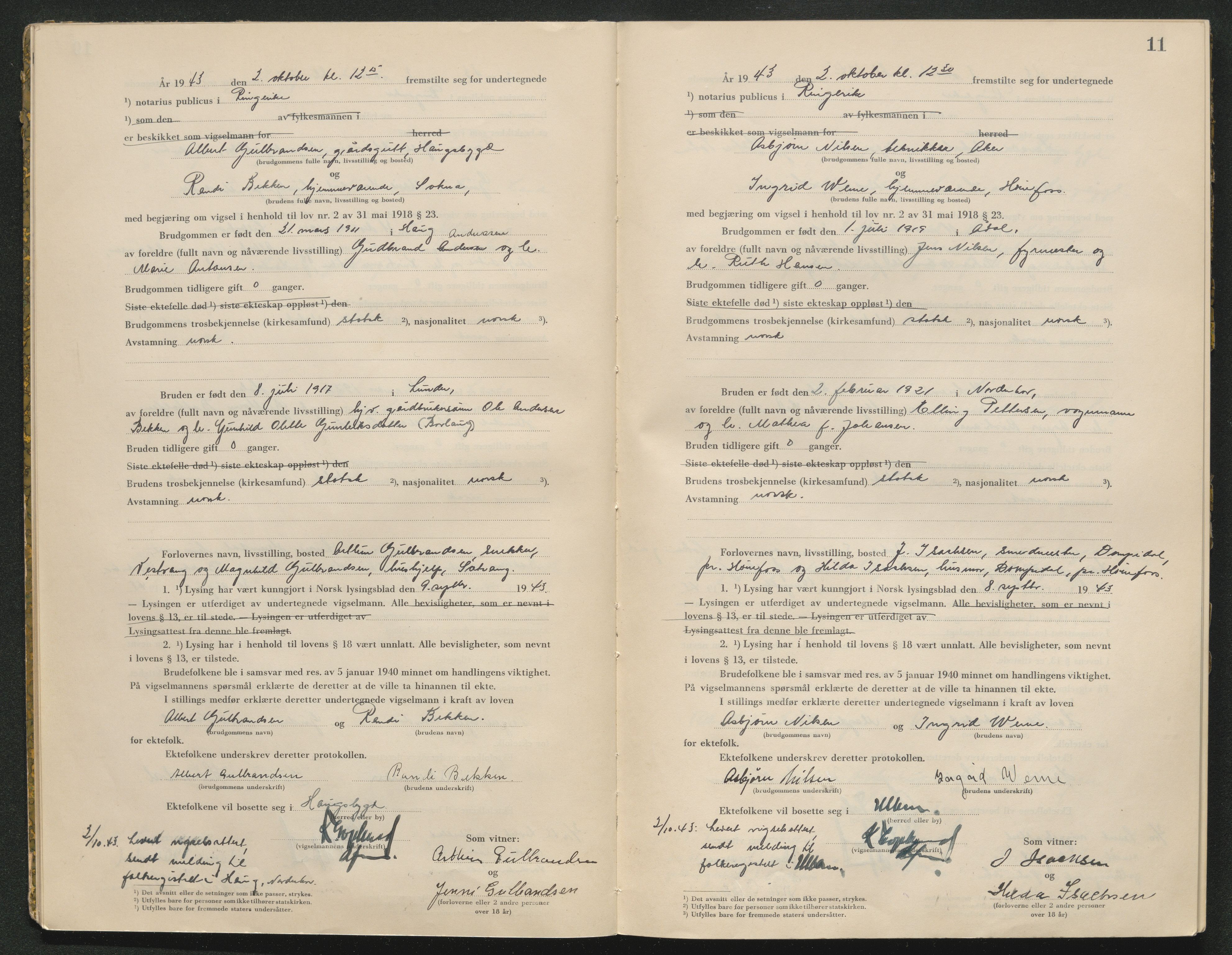 Ringerike sorenskriveri, AV/SAKO-A-105/L/Lc/L0003: Vigselsbok, 1943-1944, s. 11