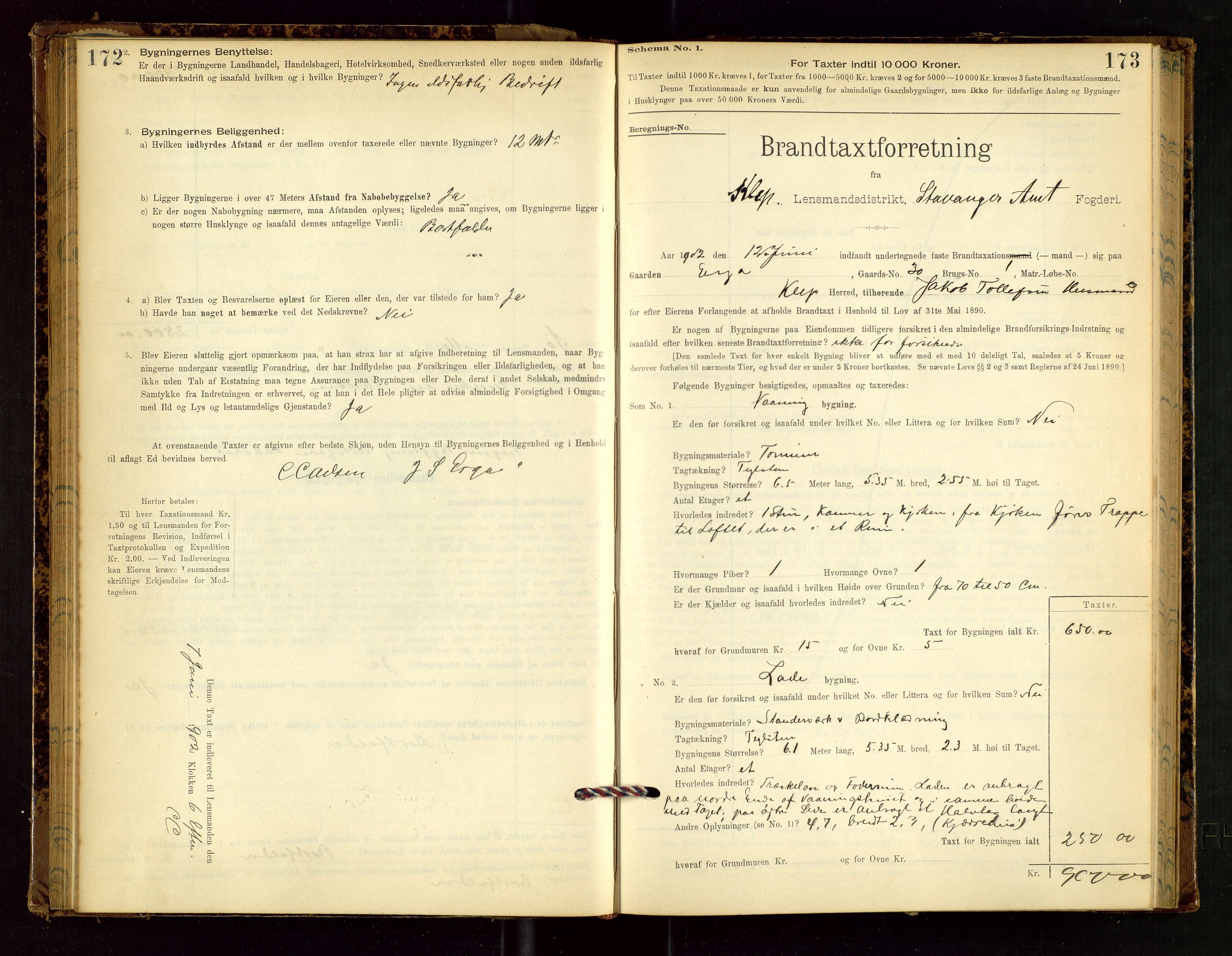 Klepp lensmannskontor, AV/SAST-A-100163/Goc/L0002: "Brandtaxationsprotokol" m/register, 1898-1902, s. 172-173