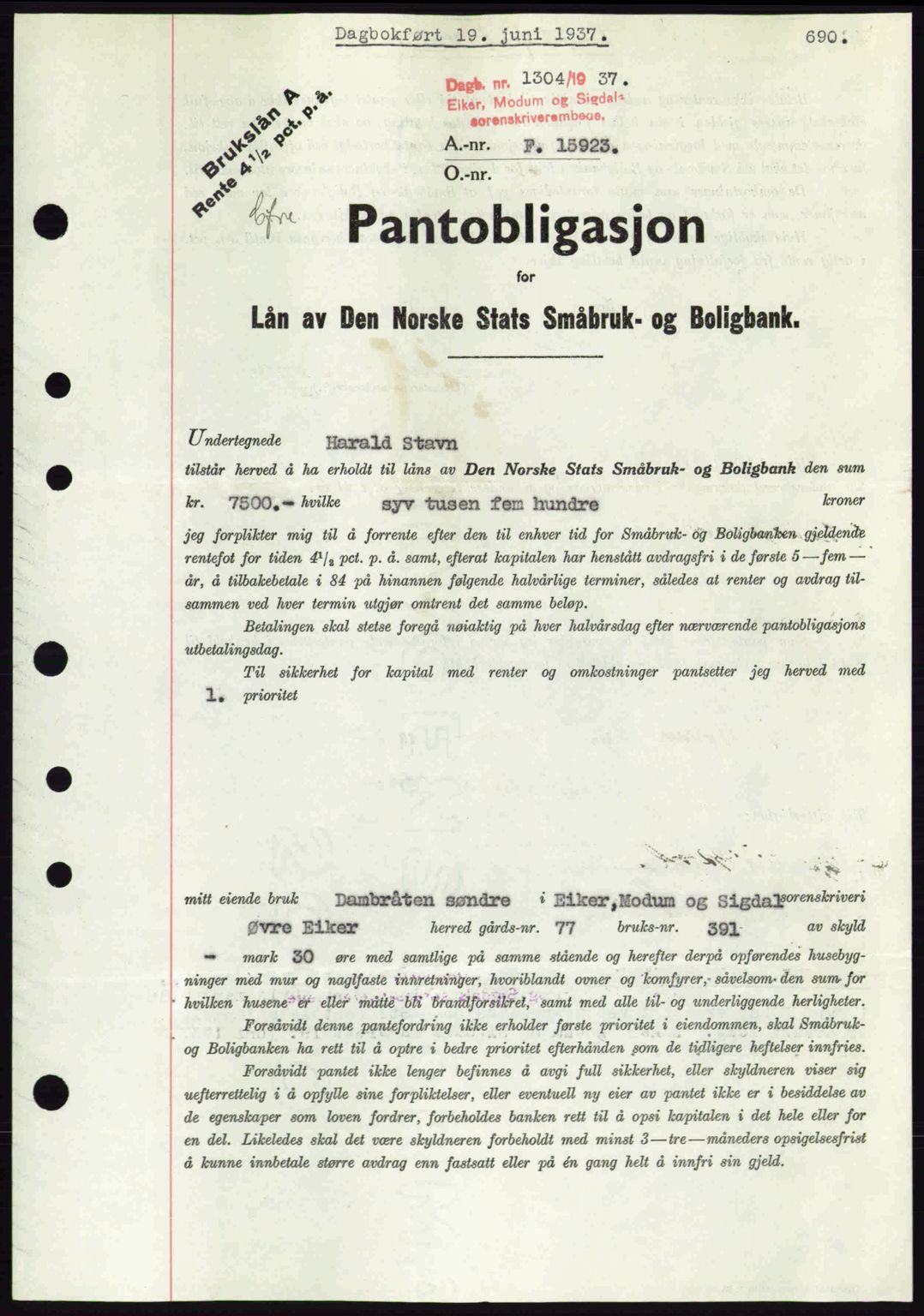 Eiker, Modum og Sigdal sorenskriveri, SAKO/A-123/G/Ga/Gab/L0035: Pantebok nr. A5, 1937-1937, Dagboknr: 1304/1937
