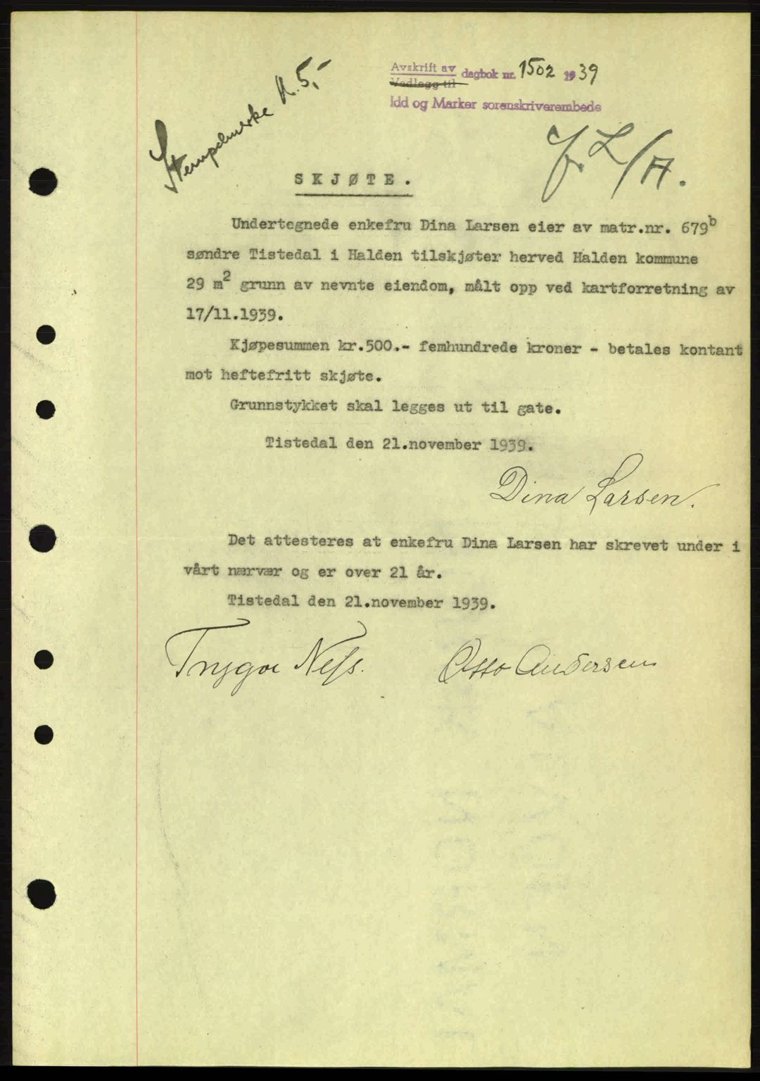 Idd og Marker sorenskriveri, AV/SAO-A-10283/G/Gb/Gbb/L0003: Pantebok nr. A3, 1938-1939, Dagboknr: 1502/1939