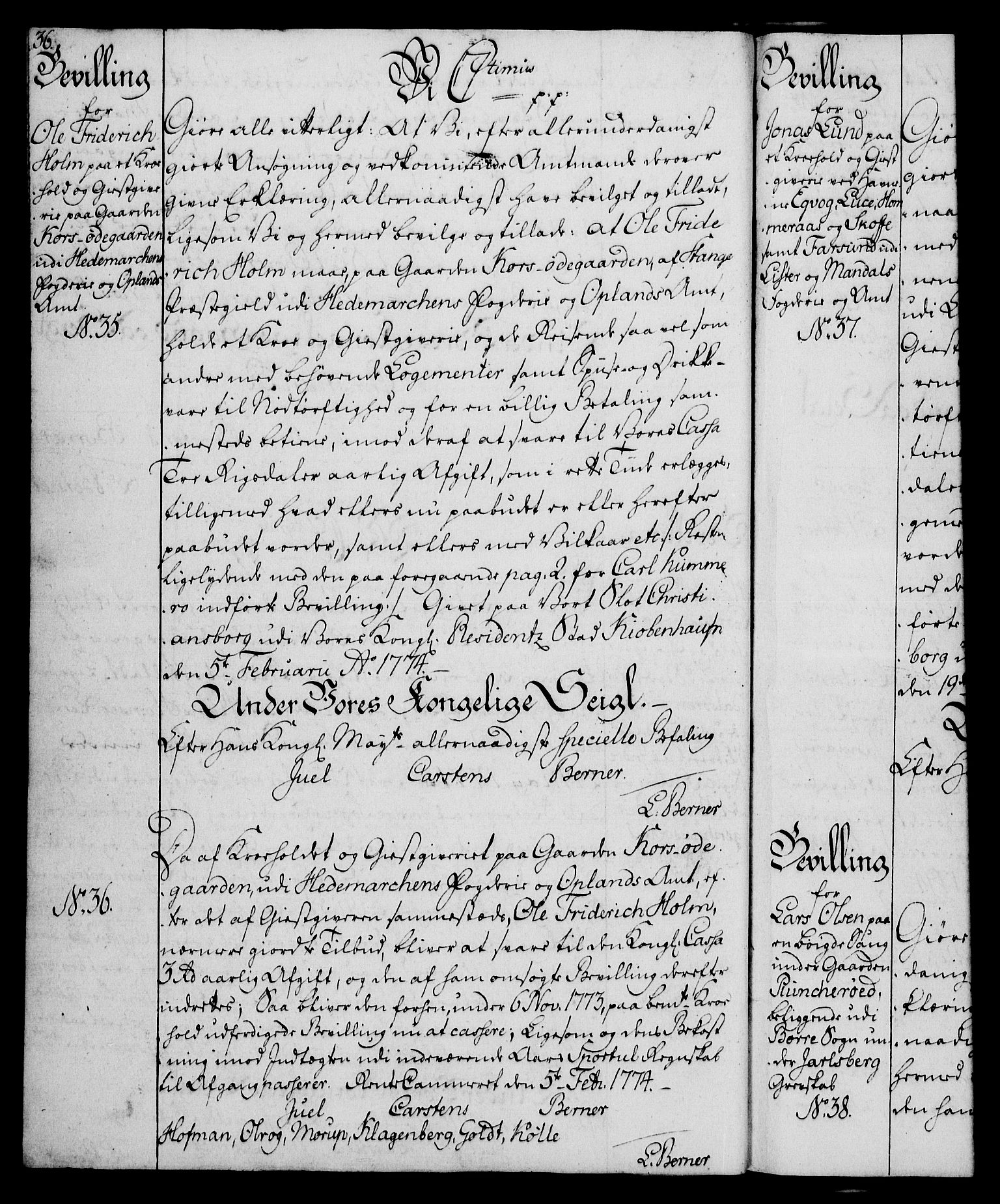 Rentekammeret, Kammerkanselliet, RA/EA-3111/G/Gg/Gga/L0010: Norsk ekspedisjonsprotokoll med register (merket RK 53.10), 1773-1778, s. 36