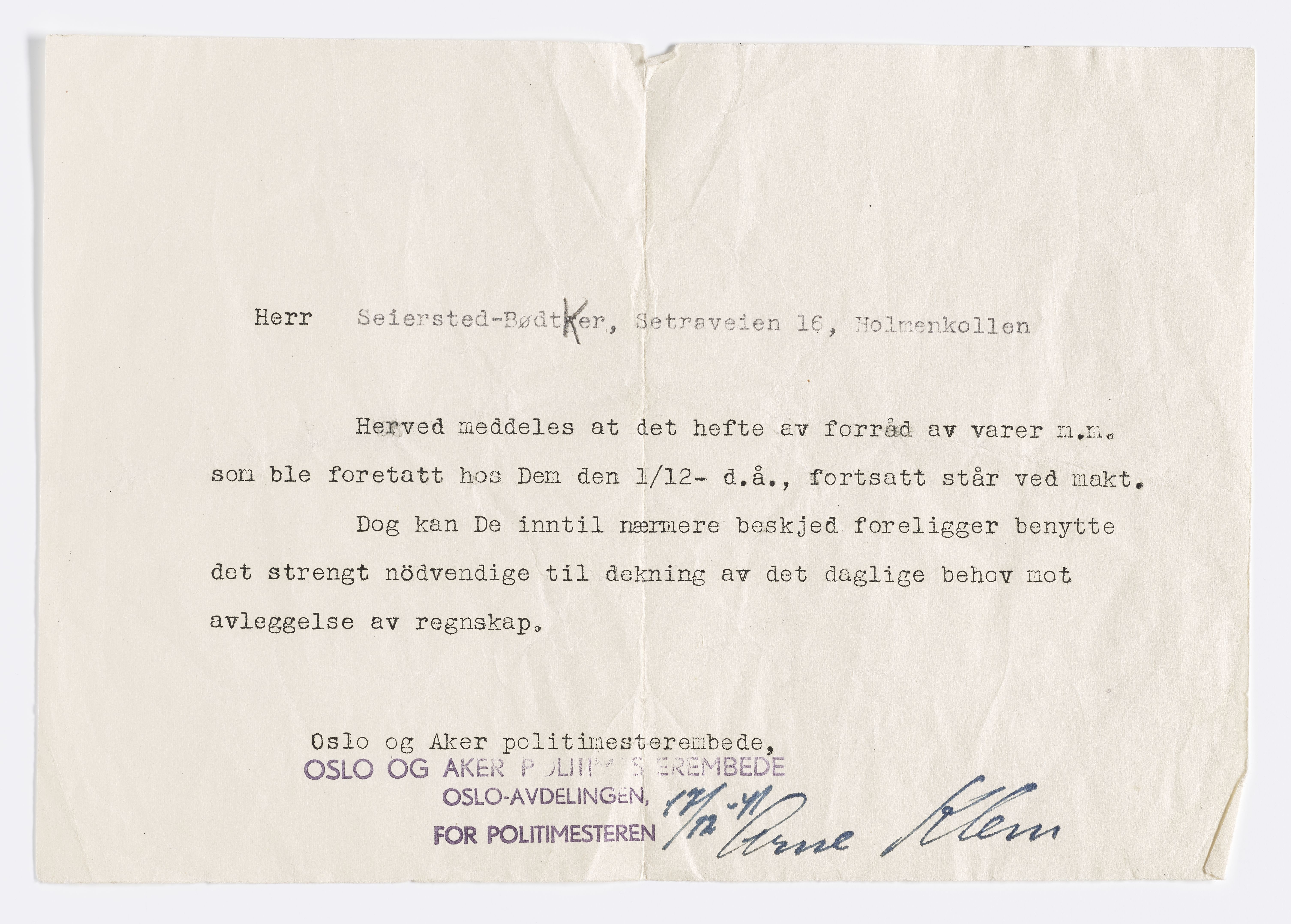 Johannes Sejersted Bødtker, AFM/GRI-1001/D/Db/Dbb/L0004/0001: Inngående brev / Brev, 1942