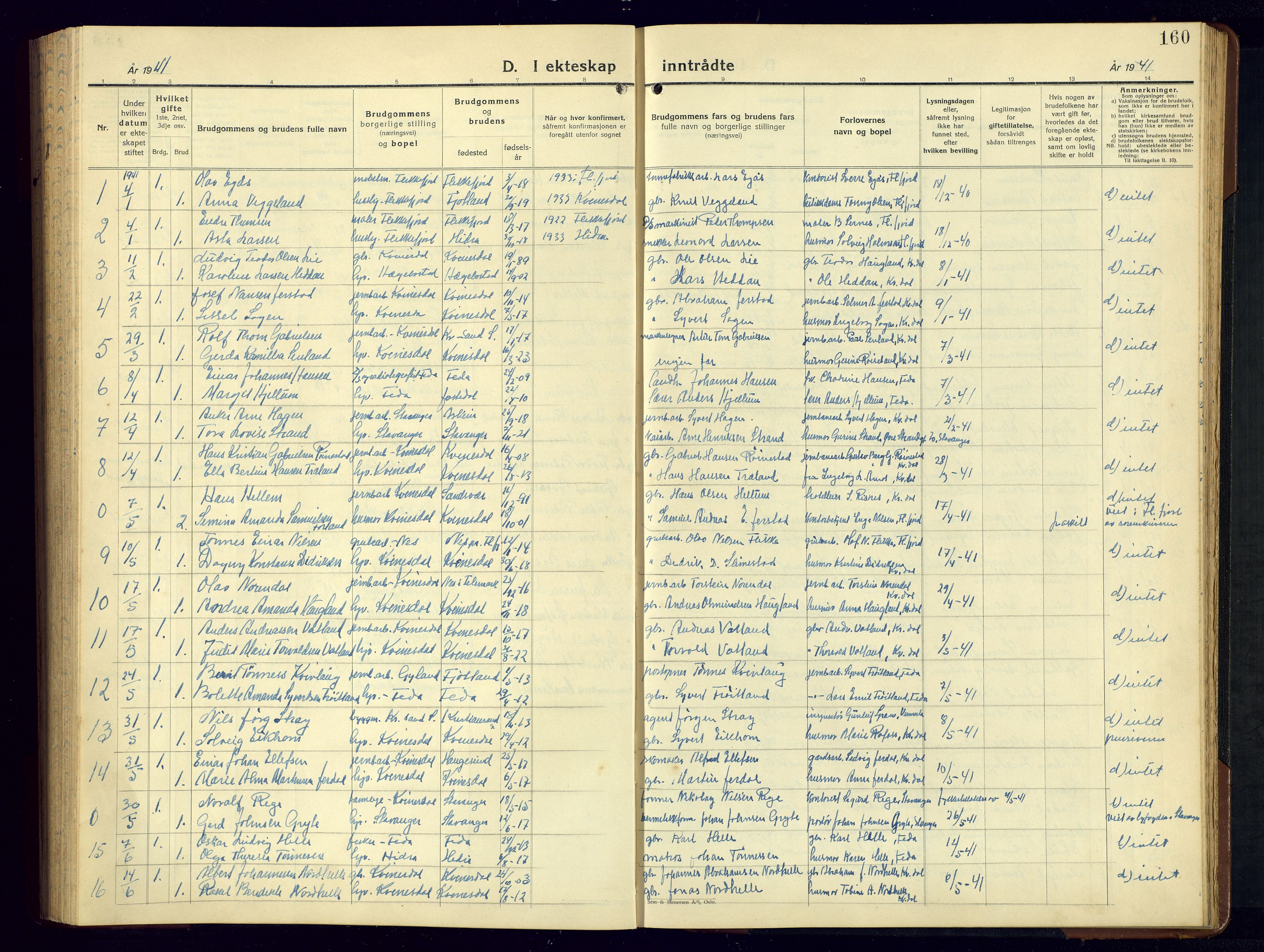 Kvinesdal sokneprestkontor, AV/SAK-1111-0026/F/Fb/Fbb/L0005: Klokkerbok nr. B 5, 1939-1956, s. 160