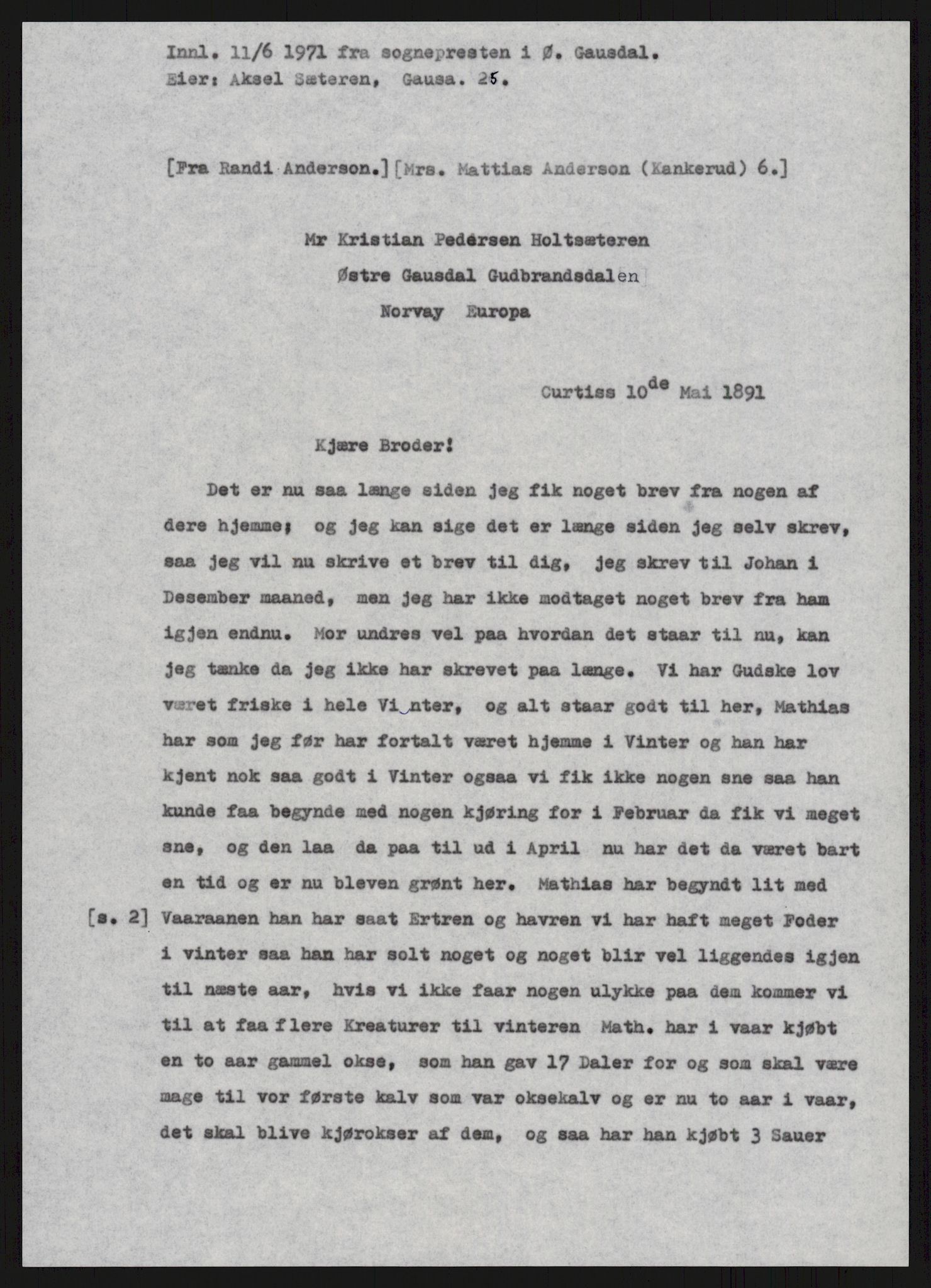 Samlinger til kildeutgivelse, Amerikabrevene, AV/RA-EA-4057/F/L0015: Innlån fra Oppland: Sæteren - Vigerust, 1838-1914, s. 197