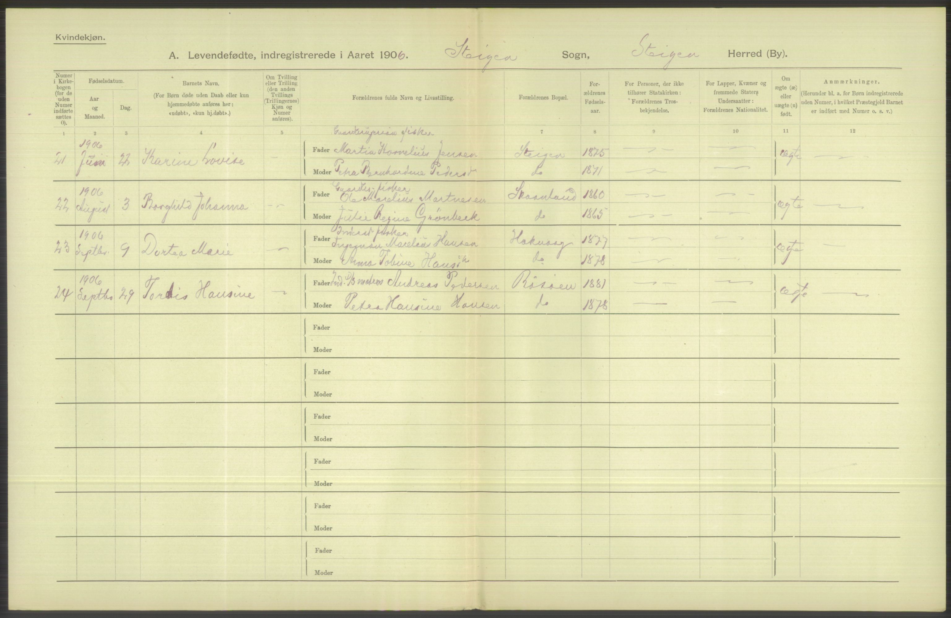 Statistisk sentralbyrå, Sosiodemografiske emner, Befolkning, AV/RA-S-2228/D/Df/Dfa/Dfad/L0044: Nordlands amt: Levendefødte menn og kvinner. Bygder., 1906, s. 166