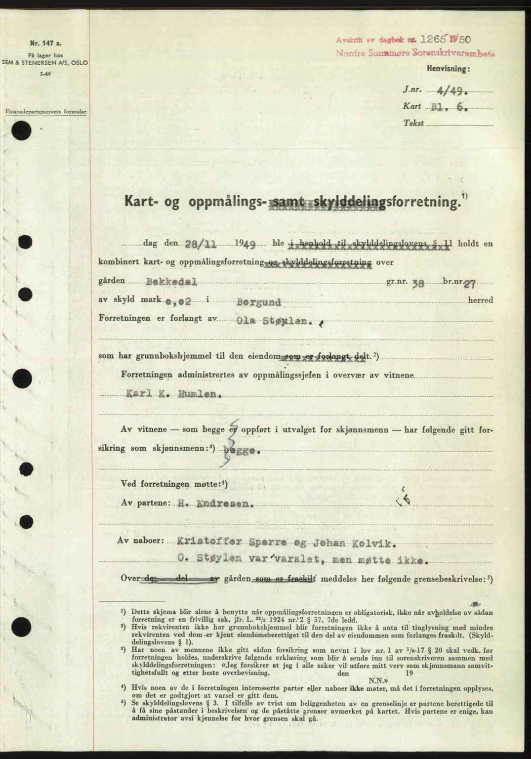 Nordre Sunnmøre sorenskriveri, SAT/A-0006/1/2/2C/2Ca: Pantebok nr. A34, 1950-1950, Dagboknr: 1265/1950