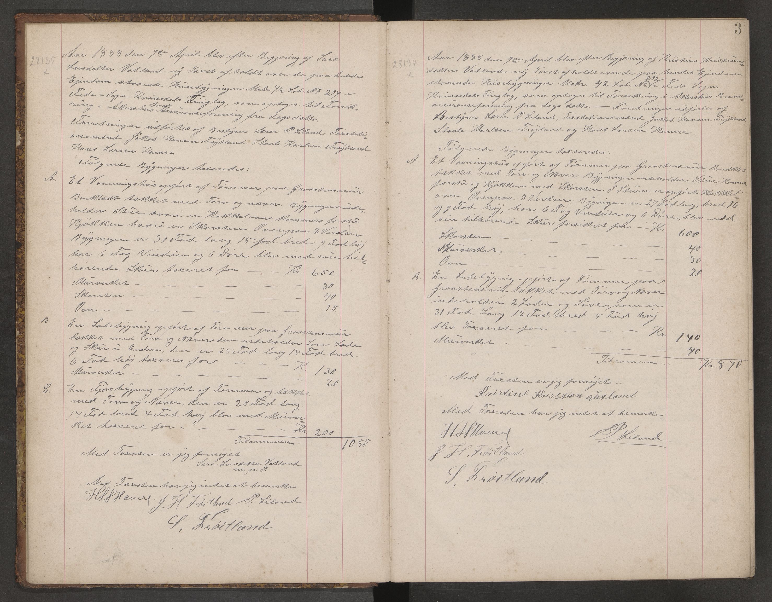 Akershus Brannassuranseforening Agder, AV/SAK-2242-0001/F/Fa/L0005: Branntakstprotokoll nr. 5 for Feda, Herad og Vanse, 1888-1895
