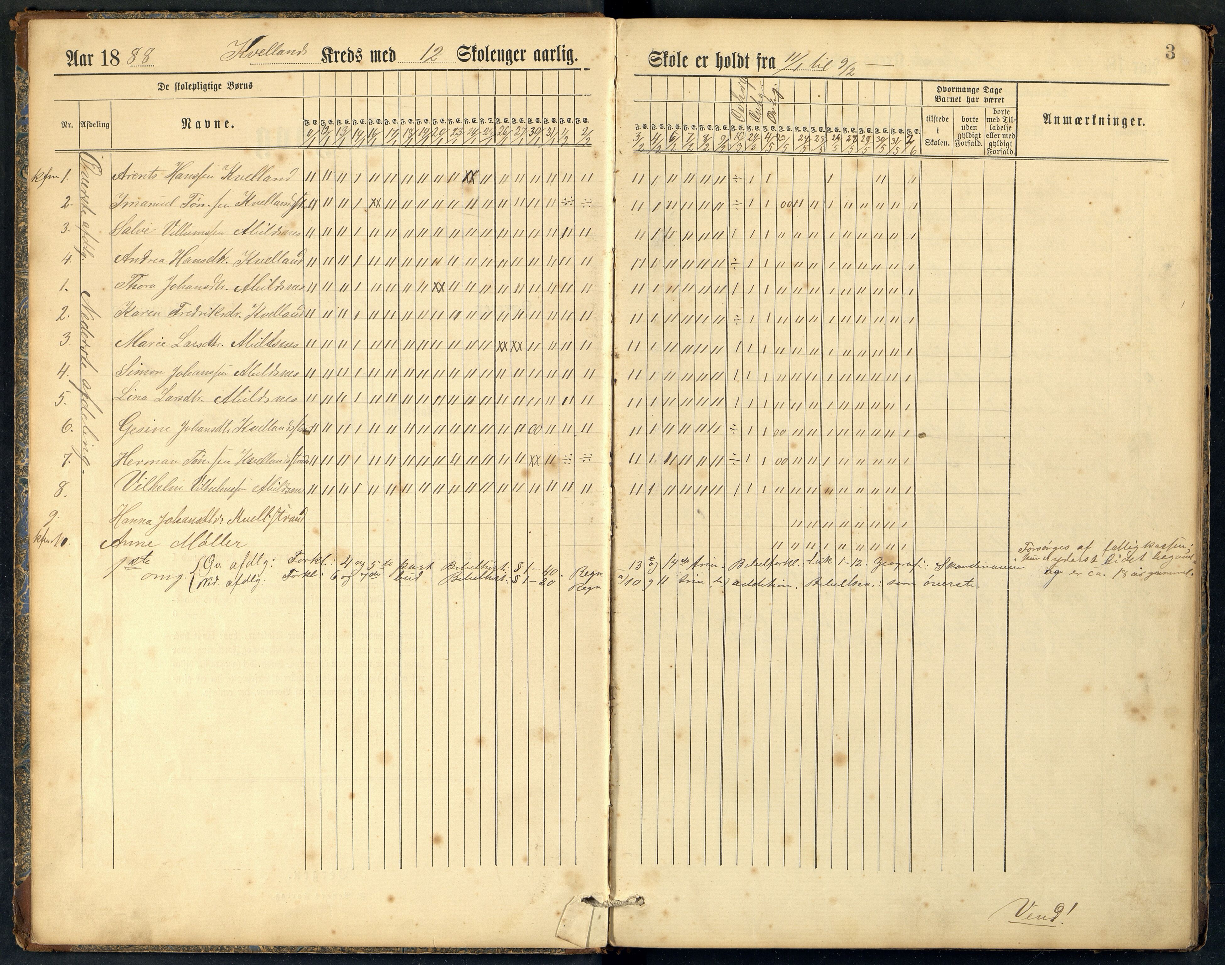 Nes og Hidra kommune - Kvelland Skole, ARKSOR/1004NH552/I/L0001: Dagbok, 1888-1893