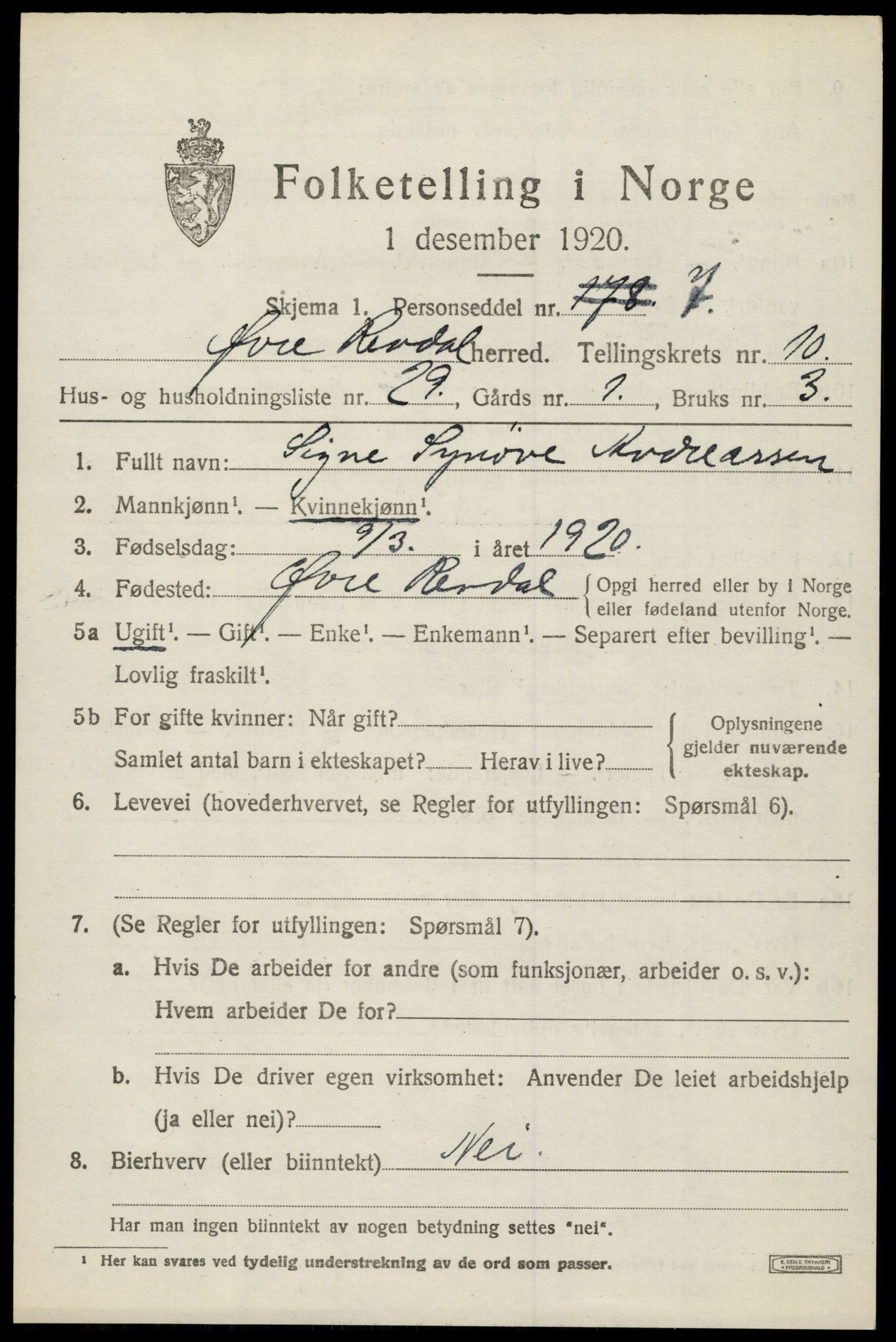 SAH, Folketelling 1920 for 0433 Øvre Rendal herred, 1920, s. 4265