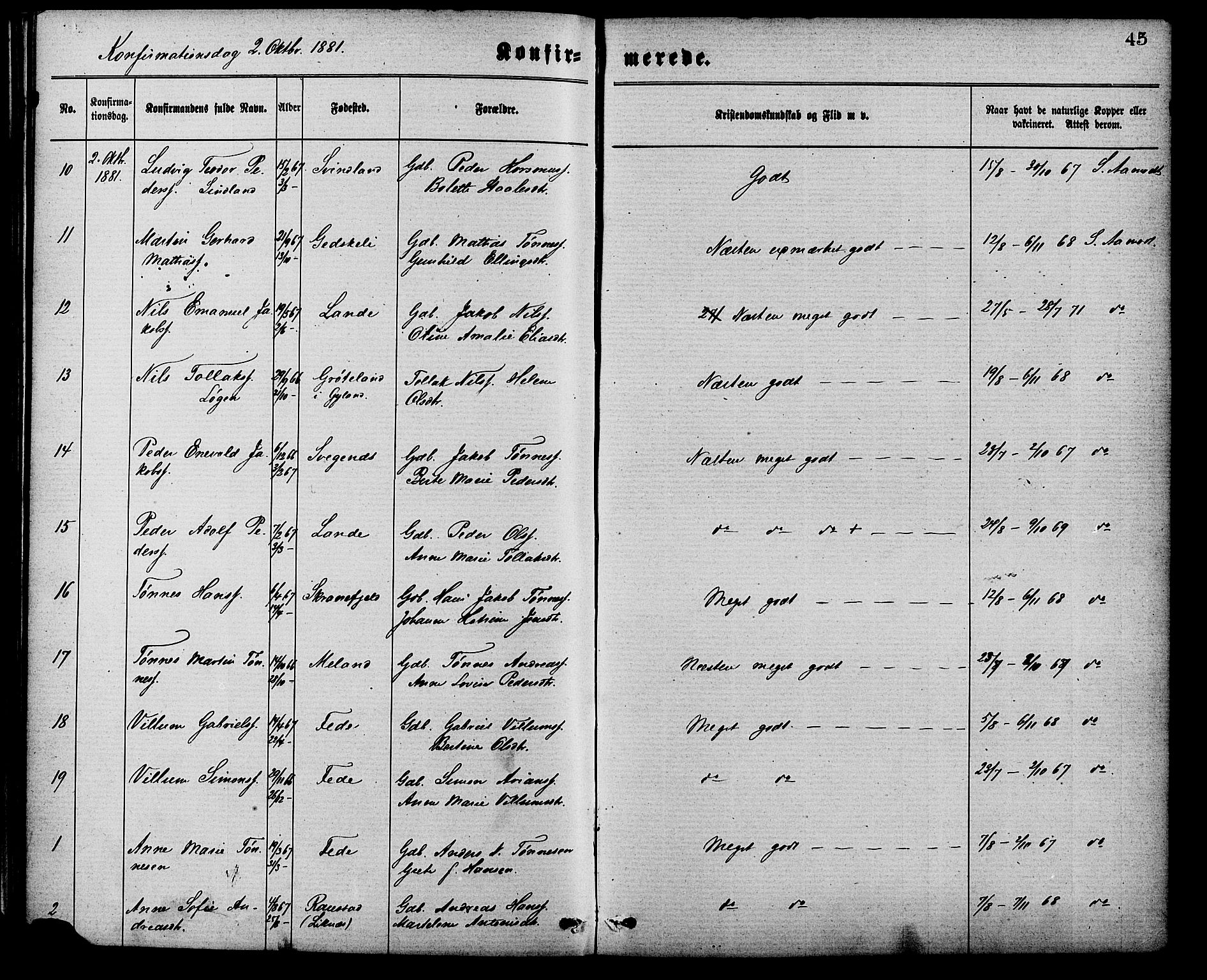 Kvinesdal sokneprestkontor, AV/SAK-1111-0026/F/Fa/Faa/L0003: Ministerialbok nr. A 3, 1877-1882, s. 45